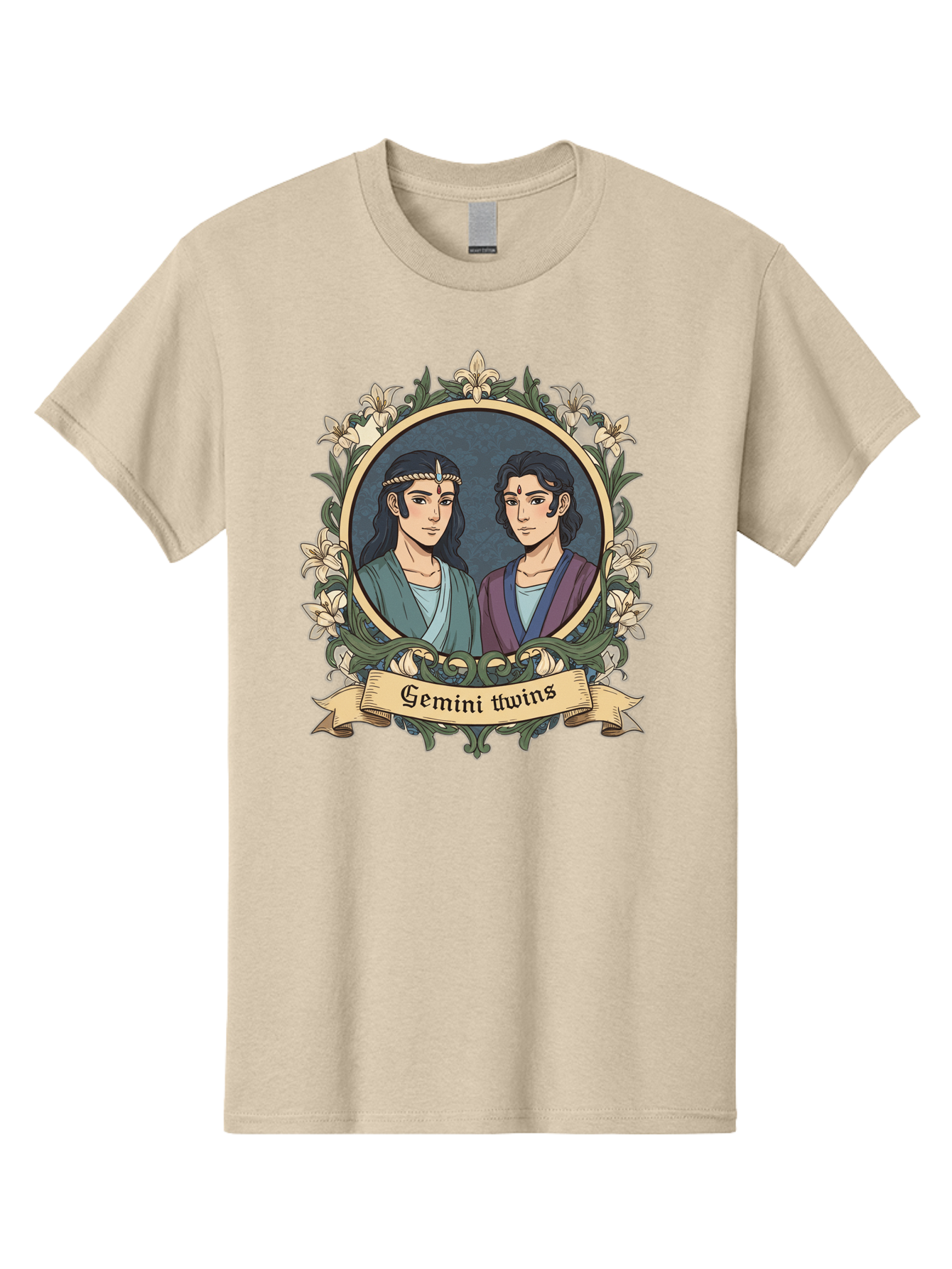 Gemini-Twins Men'S Graphic Tee, 100% Cotton, Comfortable Casual Summer Wear, Machine Washable, Gemini Twins, Astrological Sign, Zodiac Illustration, Twin Representation, Floral Wreath, Elegant Design, Symbolic Artwork, Mystical Symbols, Bae183