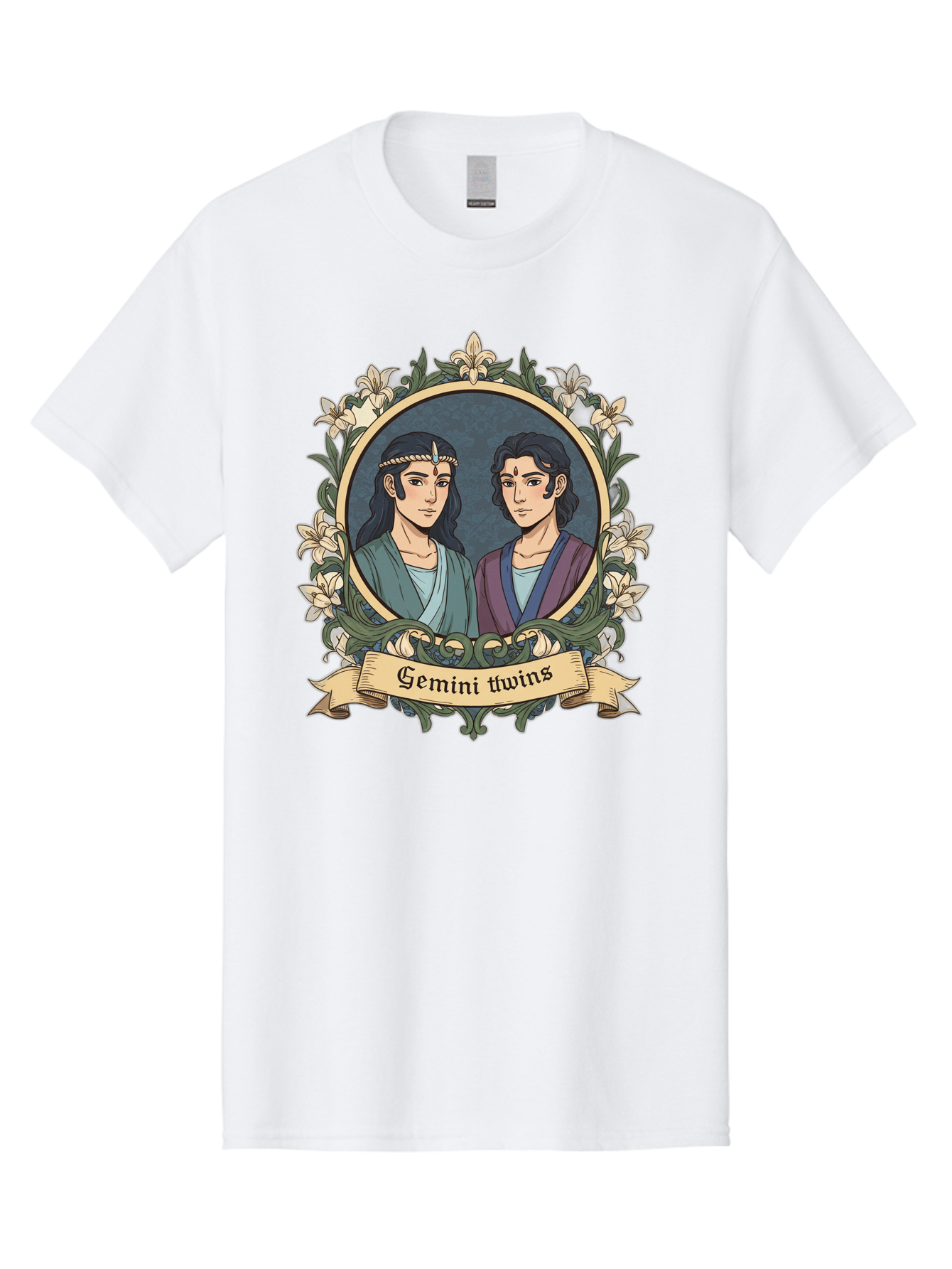 Gemini-Twins Men'S Graphic Tee, 100% Cotton, Comfortable Casual Summer Wear, Machine Washable, Gemini Twins, Astrological Sign, Zodiac Illustration, Twin Representation, Floral Wreath, Elegant Design, Symbolic Artwork, Mystical Symbols, Bae183