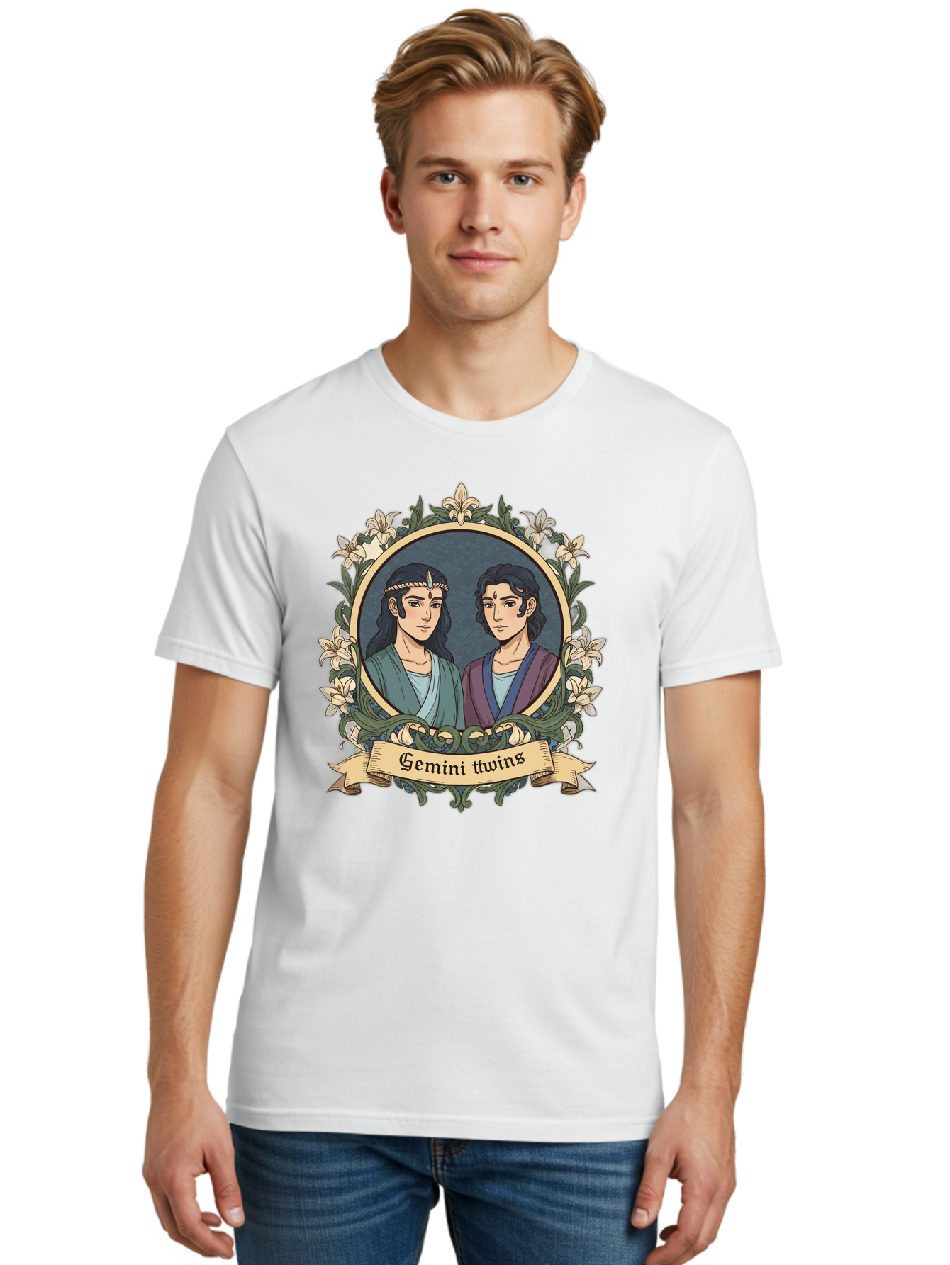 Gemini-Twins Men'S Graphic Tee, 100% Cotton, Comfortable Casual Summer Wear, Machine Washable, Gemini Twins, Astrological Sign, Zodiac Illustration, Twin Representation, Floral Wreath, Elegant Design, Symbolic Artwork, Mystical Symbols, Bae183