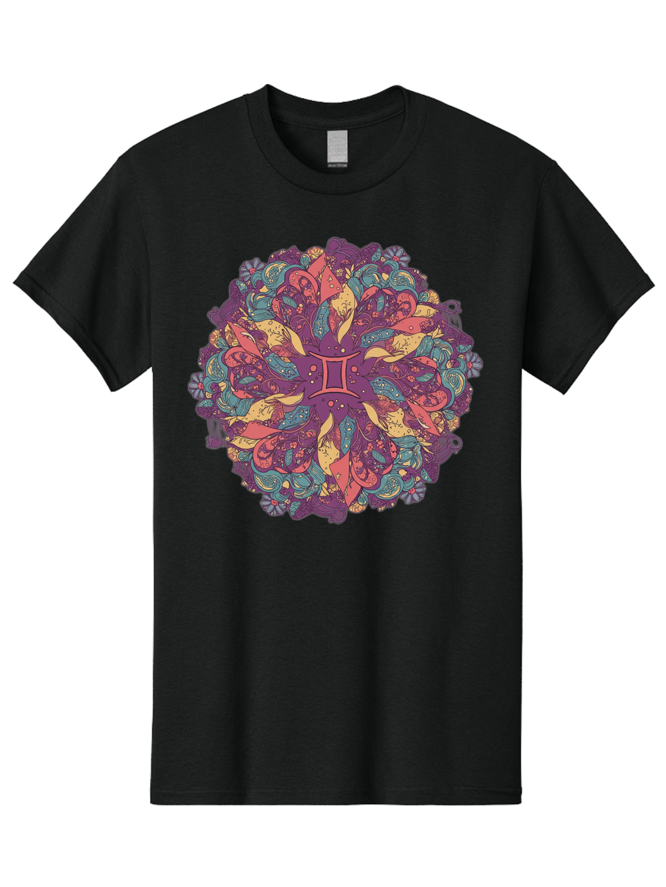 Gemini-Zodiac-Mandala Men'S Graphic Tee, 100% Cotton, Comfortable Casual Summer Wear, Machine Washable, Gemini Zodiac Symbol, Mandala Art, Floral Patterns, Paisley Designs, Purple, Pink, Blue, Yellow Hues, Intricate Details, Bohemian Style, Bae184