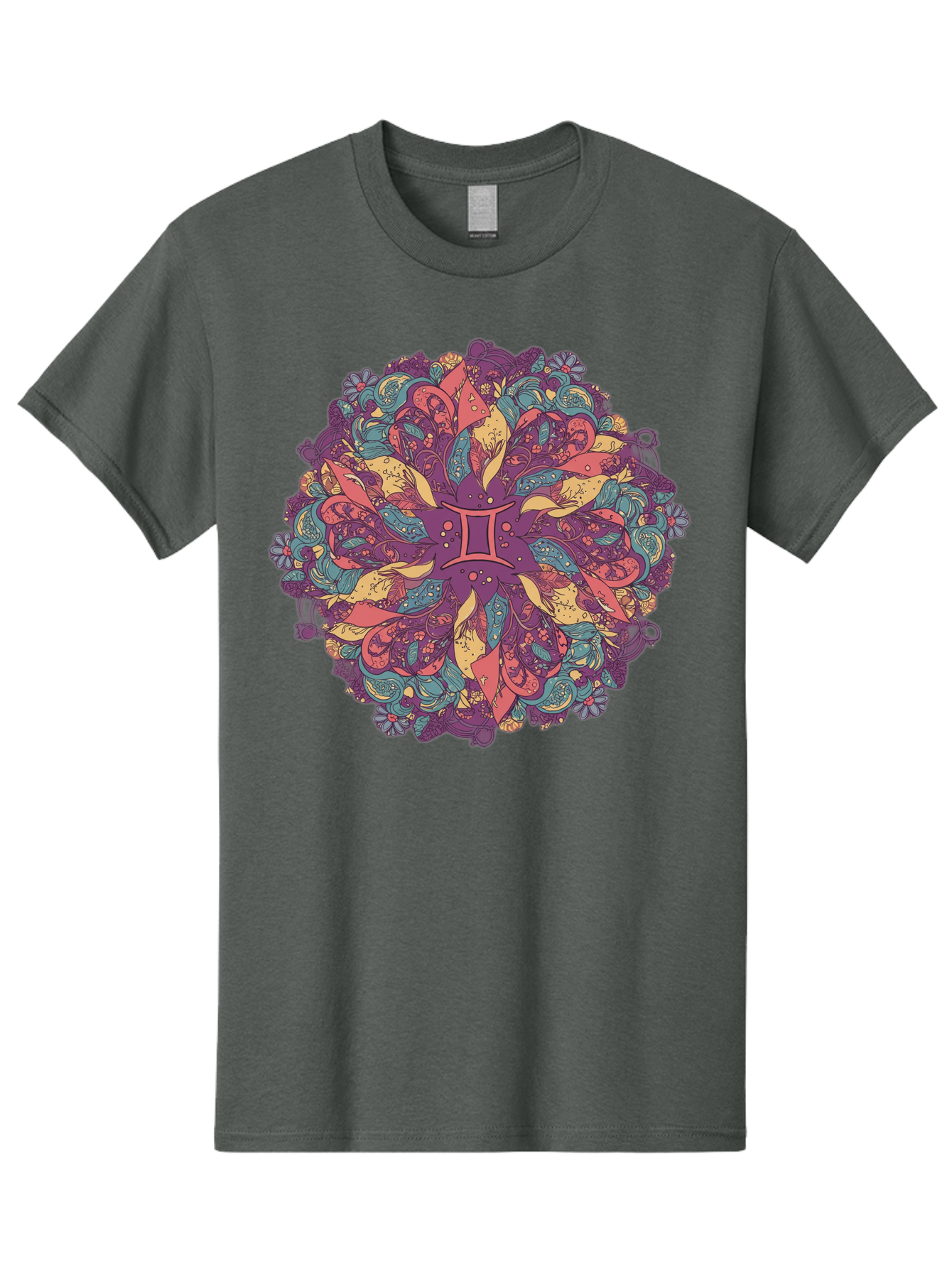 Gemini-Zodiac-Mandala Men'S Graphic Tee, 100% Cotton, Comfortable Casual Summer Wear, Machine Washable, Gemini Zodiac Symbol, Mandala Art, Floral Patterns, Paisley Designs, Purple, Pink, Blue, Yellow Hues, Intricate Details, Bohemian Style, Bae184