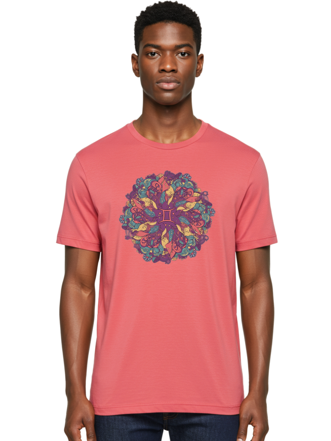 Gemini-Zodiac-Mandala Men'S Graphic Tee, 100% Cotton, Comfortable Casual Summer Wear, Machine Washable, Gemini Zodiac Symbol, Mandala Art, Floral Patterns, Paisley Designs, Purple, Pink, Blue, Yellow Hues, Intricate Details, Bohemian Style, Bae184