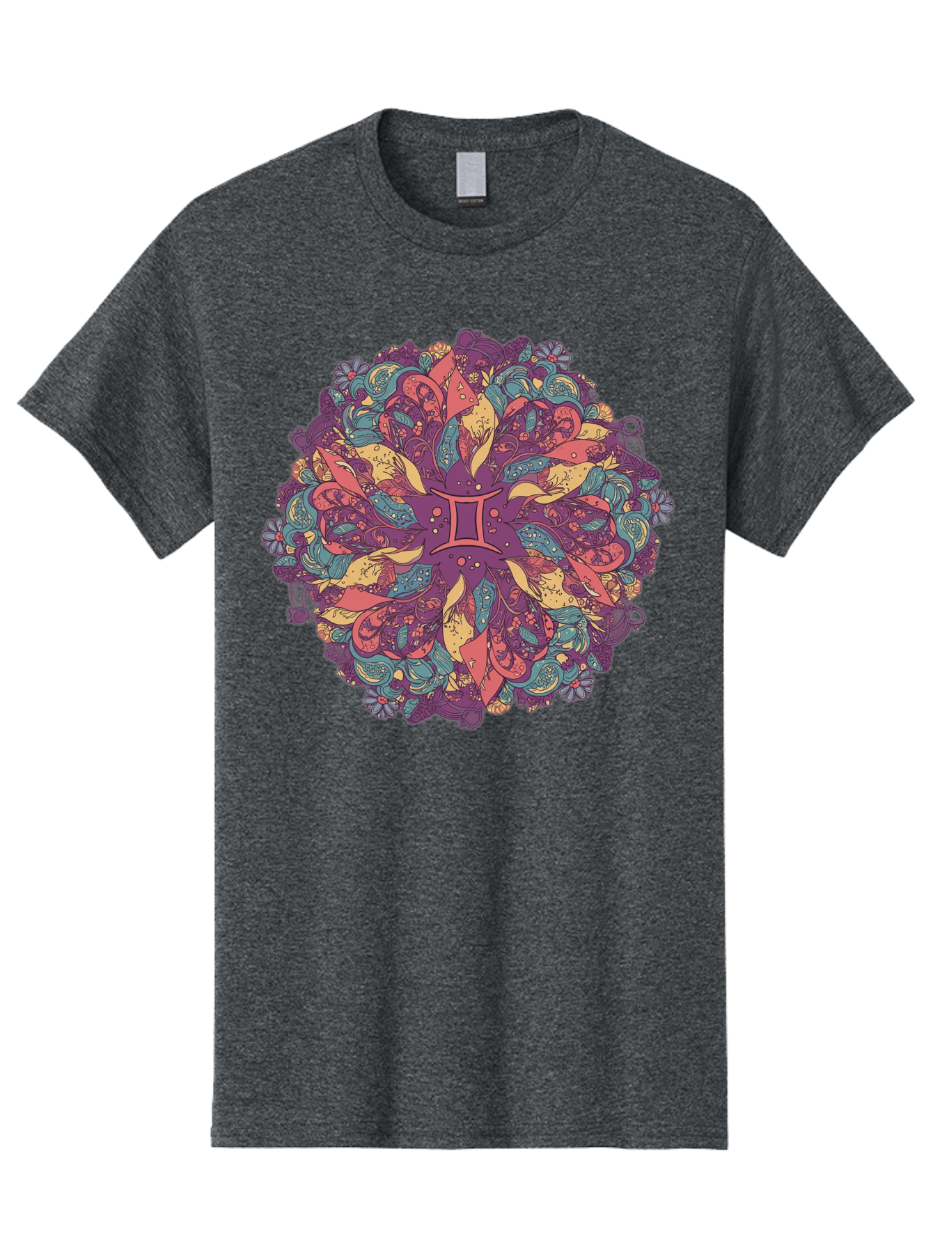 Gemini-Zodiac-Mandala Men'S Graphic Tee, 100% Cotton, Comfortable Casual Summer Wear, Machine Washable, Gemini Zodiac Symbol, Mandala Art, Floral Patterns, Paisley Designs, Purple, Pink, Blue, Yellow Hues, Intricate Details, Bohemian Style, Bae184