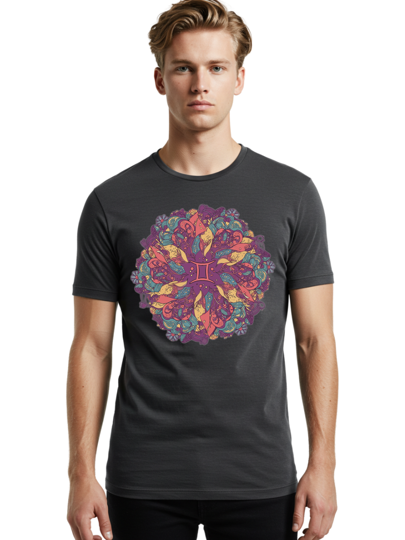Gemini-Zodiac-Mandala Men'S Graphic Tee, 100% Cotton, Comfortable Casual Summer Wear, Machine Washable, Gemini Zodiac Symbol, Mandala Art, Floral Patterns, Paisley Designs, Purple, Pink, Blue, Yellow Hues, Intricate Details, Bohemian Style, Bae184