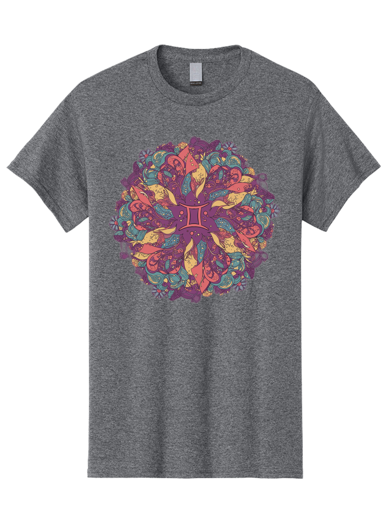 Gemini-Zodiac-Mandala Men'S Graphic Tee, 100% Cotton, Comfortable Casual Summer Wear, Machine Washable, Gemini Zodiac Symbol, Mandala Art, Floral Patterns, Paisley Designs, Purple, Pink, Blue, Yellow Hues, Intricate Details, Bohemian Style, Bae184