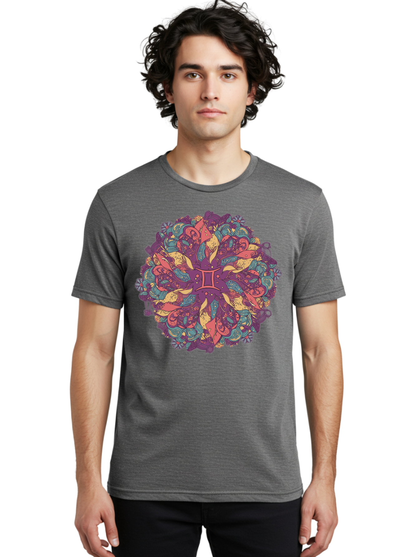 Gemini-Zodiac-Mandala Men'S Graphic Tee, 100% Cotton, Comfortable Casual Summer Wear, Machine Washable, Gemini Zodiac Symbol, Mandala Art, Floral Patterns, Paisley Designs, Purple, Pink, Blue, Yellow Hues, Intricate Details, Bohemian Style, Bae184