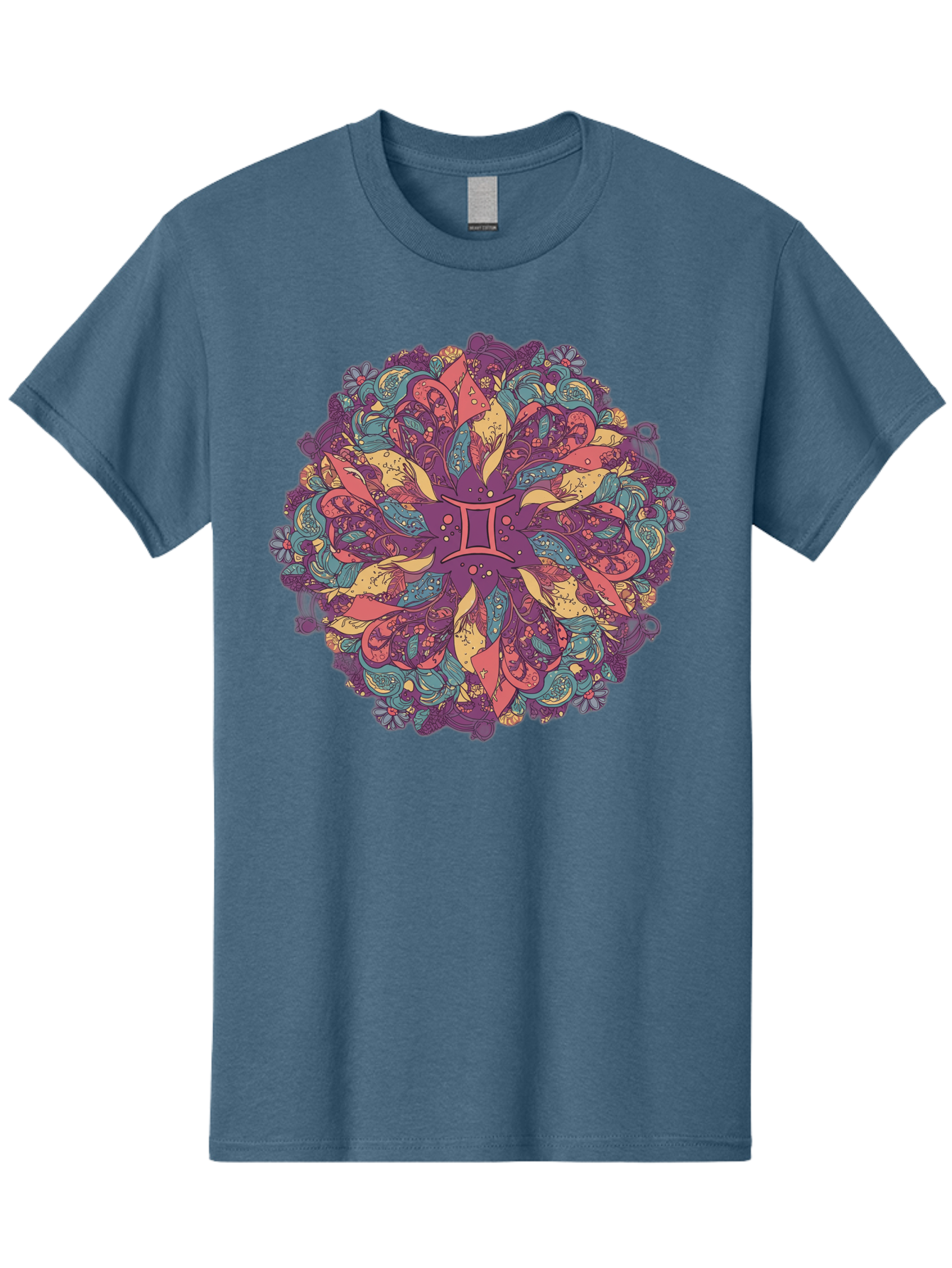 Gemini-Zodiac-Mandala Men'S Graphic Tee, 100% Cotton, Comfortable Casual Summer Wear, Machine Washable, Gemini Zodiac Symbol, Mandala Art, Floral Patterns, Paisley Designs, Purple, Pink, Blue, Yellow Hues, Intricate Details, Bohemian Style, Bae184