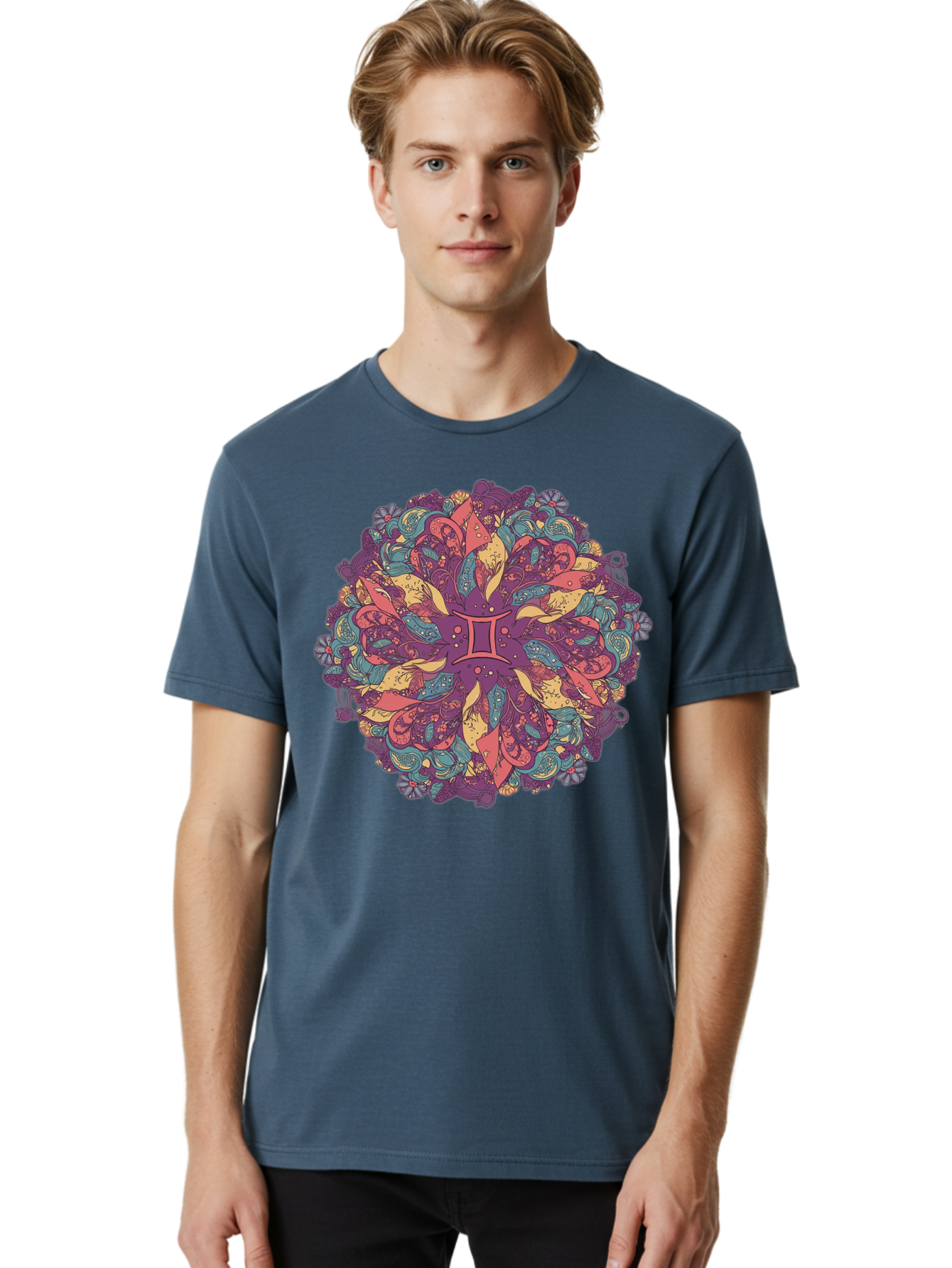 Gemini-Zodiac-Mandala Men'S Graphic Tee, 100% Cotton, Comfortable Casual Summer Wear, Machine Washable, Gemini Zodiac Symbol, Mandala Art, Floral Patterns, Paisley Designs, Purple, Pink, Blue, Yellow Hues, Intricate Details, Bohemian Style, Bae184