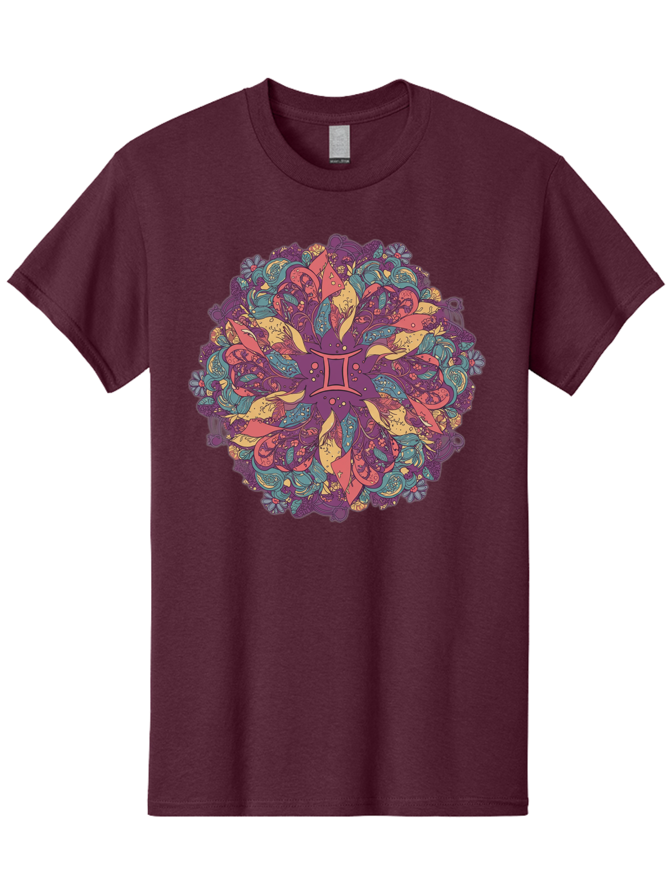 Gemini-Zodiac-Mandala Men'S Graphic Tee, 100% Cotton, Comfortable Casual Summer Wear, Machine Washable, Gemini Zodiac Symbol, Mandala Art, Floral Patterns, Paisley Designs, Purple, Pink, Blue, Yellow Hues, Intricate Details, Bohemian Style, Bae184