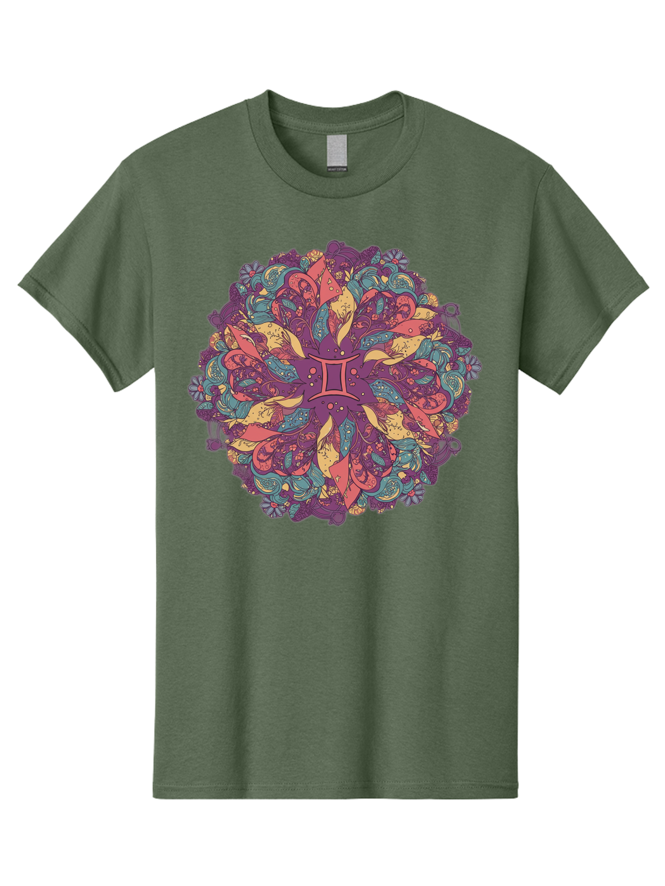 Gemini-Zodiac-Mandala Men'S Graphic Tee, 100% Cotton, Comfortable Casual Summer Wear, Machine Washable, Gemini Zodiac Symbol, Mandala Art, Floral Patterns, Paisley Designs, Purple, Pink, Blue, Yellow Hues, Intricate Details, Bohemian Style, Bae184