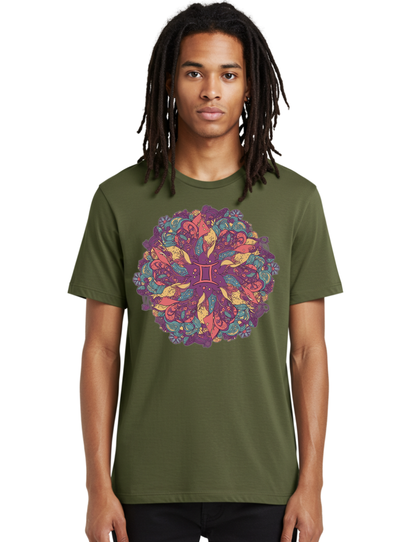 Gemini-Zodiac-Mandala Men'S Graphic Tee, 100% Cotton, Comfortable Casual Summer Wear, Machine Washable, Gemini Zodiac Symbol, Mandala Art, Floral Patterns, Paisley Designs, Purple, Pink, Blue, Yellow Hues, Intricate Details, Bohemian Style, Bae184