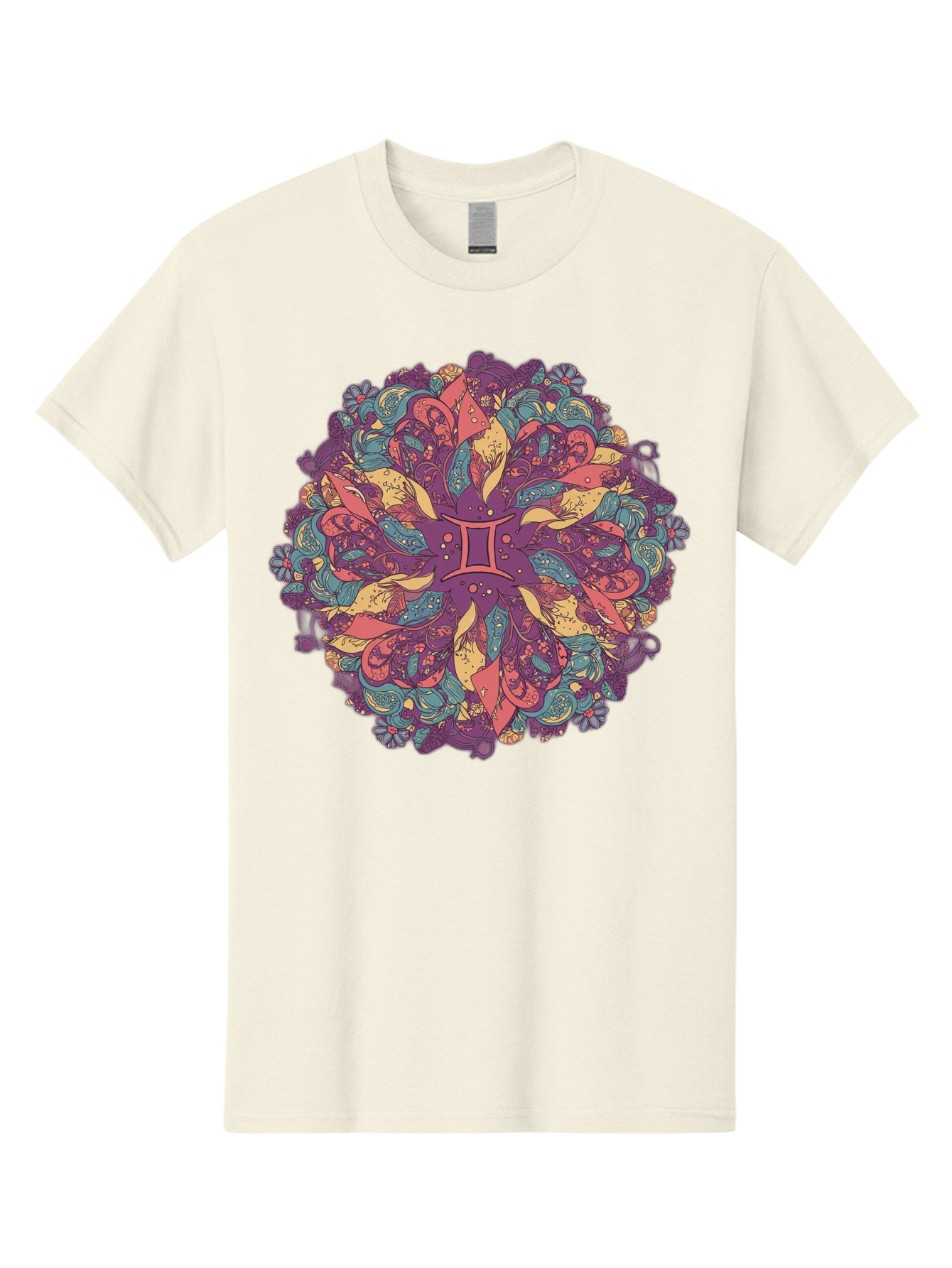 Gemini-Zodiac-Mandala Men'S Graphic Tee, 100% Cotton, Comfortable Casual Summer Wear, Machine Washable, Gemini Zodiac Symbol, Mandala Art, Floral Patterns, Paisley Designs, Purple, Pink, Blue, Yellow Hues, Intricate Details, Bohemian Style, Bae184