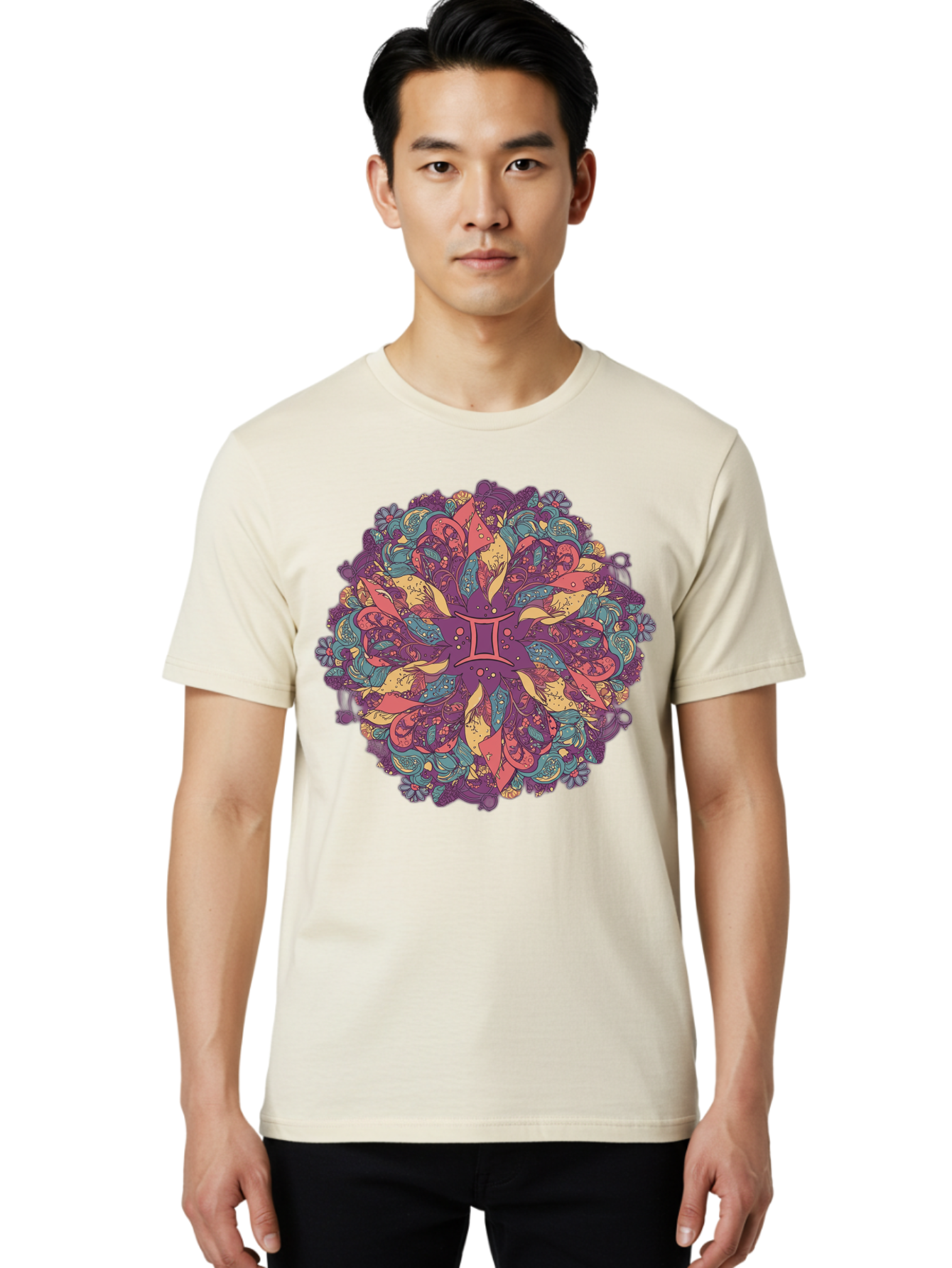 Gemini-Zodiac-Mandala Men'S Graphic Tee, 100% Cotton, Comfortable Casual Summer Wear, Machine Washable, Gemini Zodiac Symbol, Mandala Art, Floral Patterns, Paisley Designs, Purple, Pink, Blue, Yellow Hues, Intricate Details, Bohemian Style, Bae184
