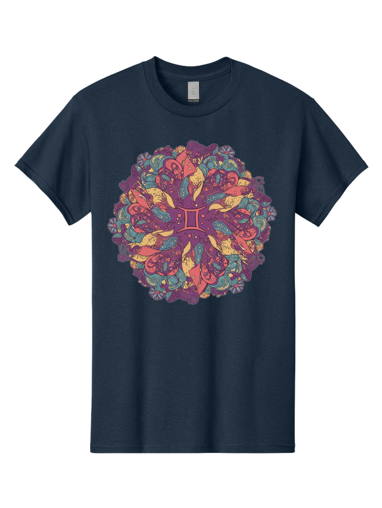 Gemini-Zodiac-Mandala Men'S Graphic Tee, 100% Cotton, Comfortable Casual Summer Wear, Machine Washable, Gemini Zodiac Symbol, Mandala Art, Floral Patterns, Paisley Designs, Purple, Pink, Blue, Yellow Hues, Intricate Details, Bohemian Style, Bae184