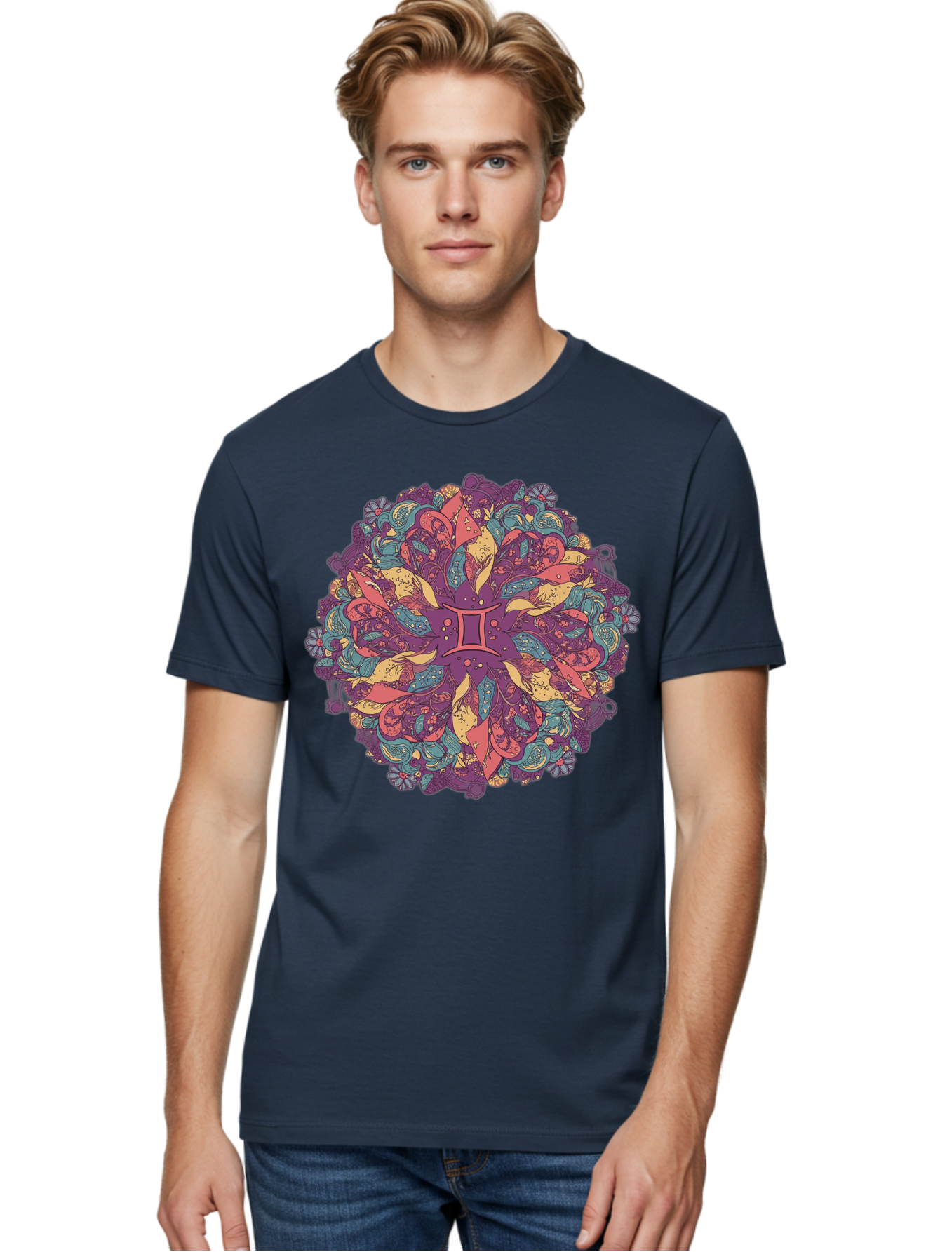 Gemini-Zodiac-Mandala Men'S Graphic Tee, 100% Cotton, Comfortable Casual Summer Wear, Machine Washable, Gemini Zodiac Symbol, Mandala Art, Floral Patterns, Paisley Designs, Purple, Pink, Blue, Yellow Hues, Intricate Details, Bohemian Style, Bae184