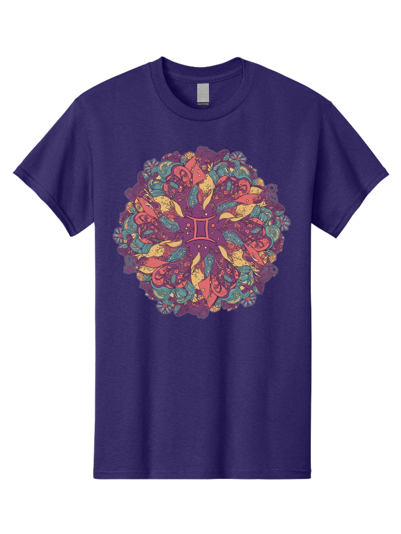Gemini-Zodiac-Mandala Men'S Graphic Tee, 100% Cotton, Comfortable Casual Summer Wear, Machine Washable, Gemini Zodiac Symbol, Mandala Art, Floral Patterns, Paisley Designs, Purple, Pink, Blue, Yellow Hues, Intricate Details, Bohemian Style, Bae184