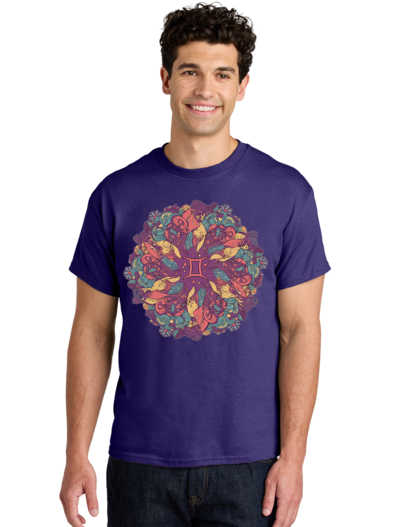 Gemini-Zodiac-Mandala Men'S Graphic Tee, 100% Cotton, Comfortable Casual Summer Wear, Machine Washable, Gemini Zodiac Symbol, Mandala Art, Floral Patterns, Paisley Designs, Purple, Pink, Blue, Yellow Hues, Intricate Details, Bohemian Style, Bae184