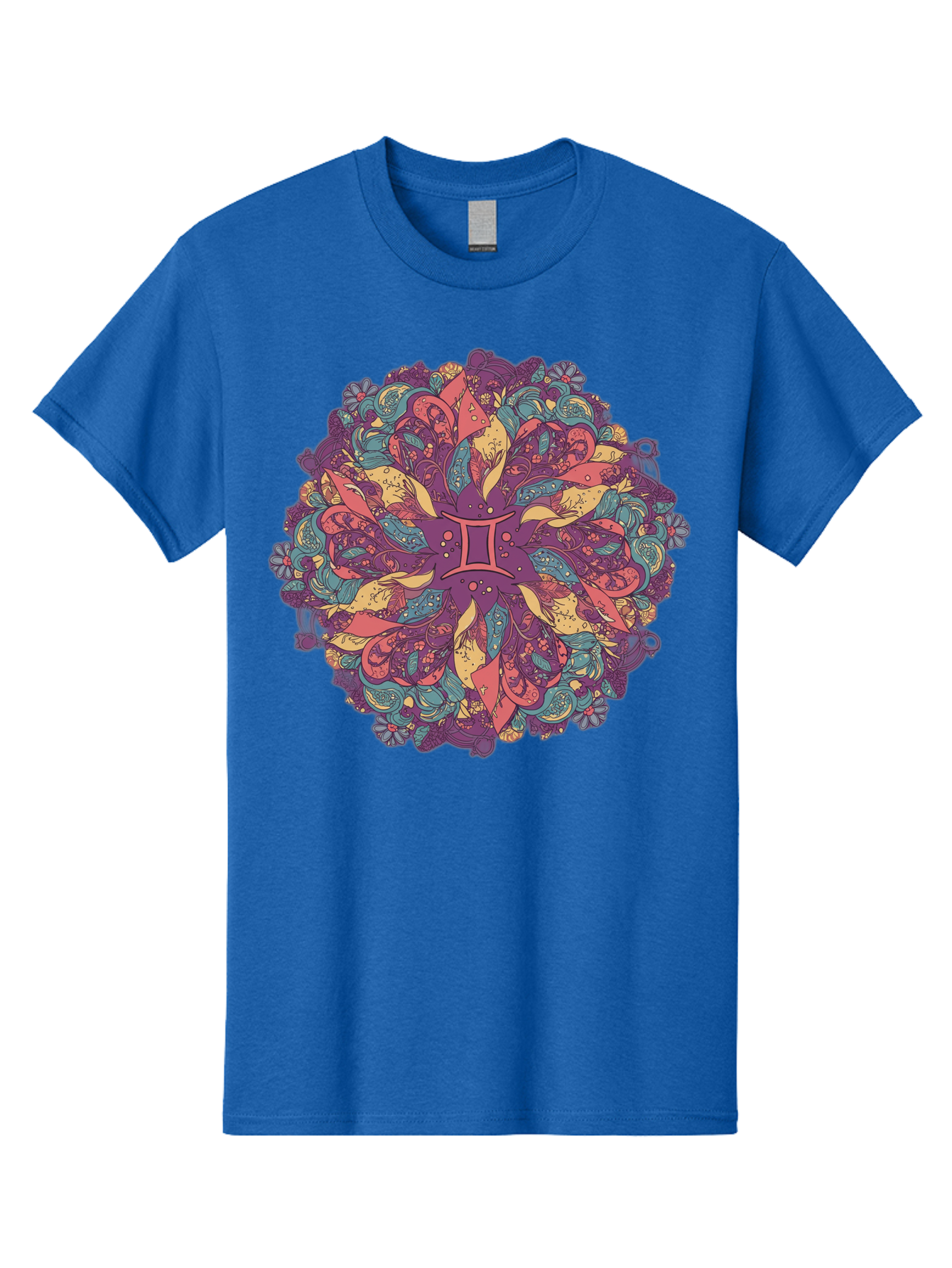 Gemini-Zodiac-Mandala Men'S Graphic Tee, 100% Cotton, Comfortable Casual Summer Wear, Machine Washable, Gemini Zodiac Symbol, Mandala Art, Floral Patterns, Paisley Designs, Purple, Pink, Blue, Yellow Hues, Intricate Details, Bohemian Style, Bae184
