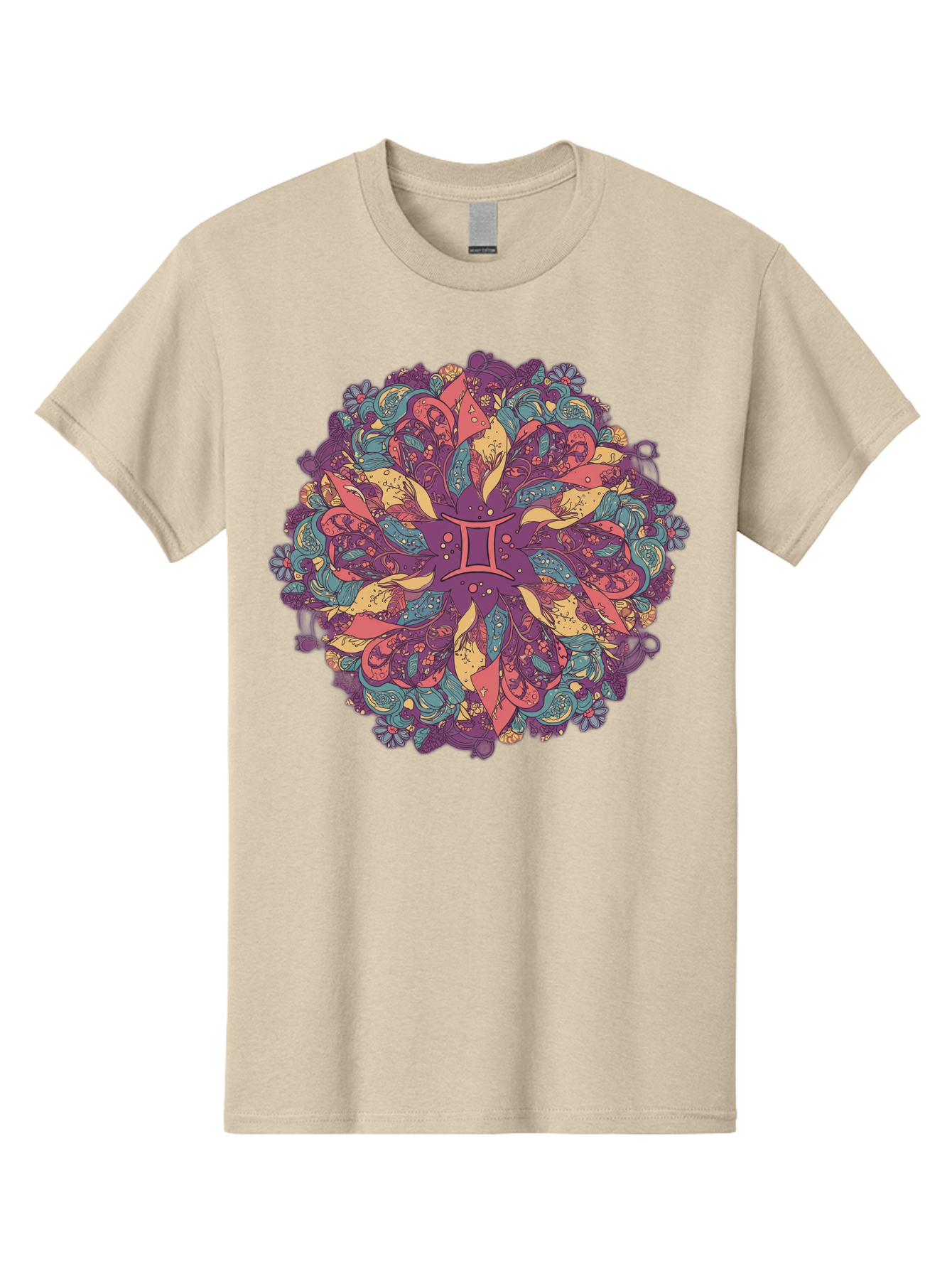 Gemini-Zodiac-Mandala Men'S Graphic Tee, 100% Cotton, Comfortable Casual Summer Wear, Machine Washable, Gemini Zodiac Symbol, Mandala Art, Floral Patterns, Paisley Designs, Purple, Pink, Blue, Yellow Hues, Intricate Details, Bohemian Style, Bae184