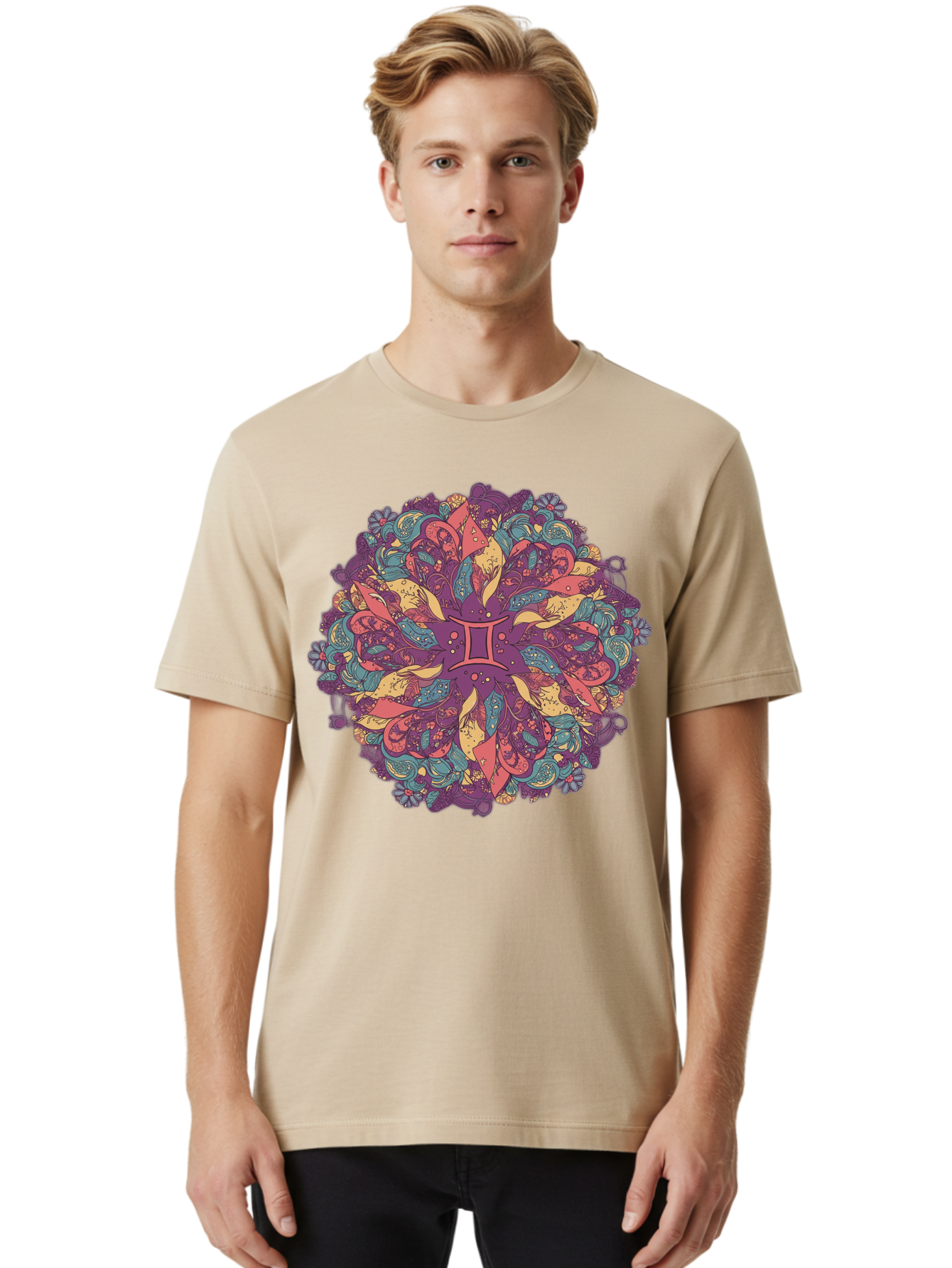 Gemini-Zodiac-Mandala Men'S Graphic Tee, 100% Cotton, Comfortable Casual Summer Wear, Machine Washable, Gemini Zodiac Symbol, Mandala Art, Floral Patterns, Paisley Designs, Purple, Pink, Blue, Yellow Hues, Intricate Details, Bohemian Style, Bae184