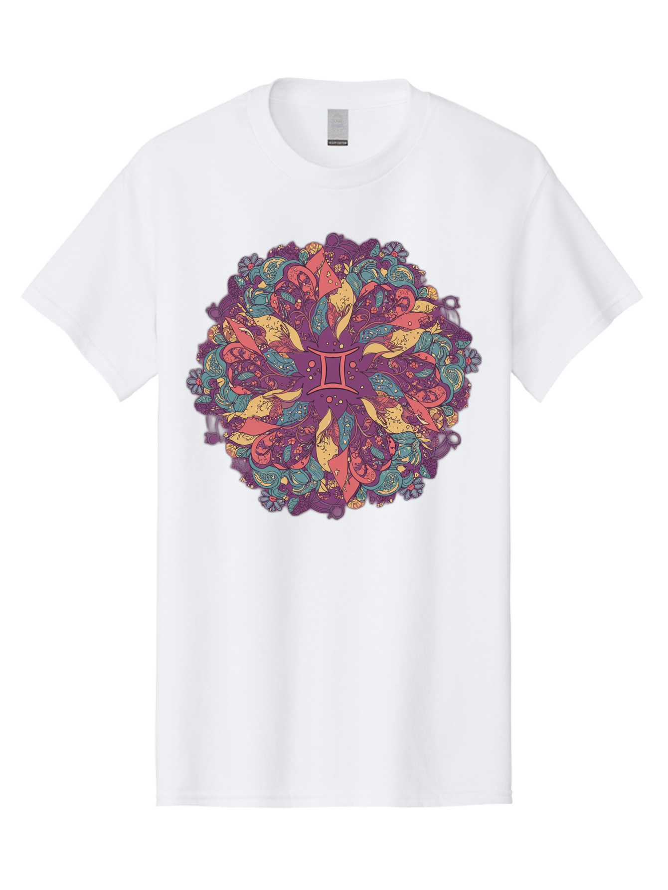 Gemini-Zodiac-Mandala Men'S Graphic Tee, 100% Cotton, Comfortable Casual Summer Wear, Machine Washable, Gemini Zodiac Symbol, Mandala Art, Floral Patterns, Paisley Designs, Purple, Pink, Blue, Yellow Hues, Intricate Details, Bohemian Style, Bae184