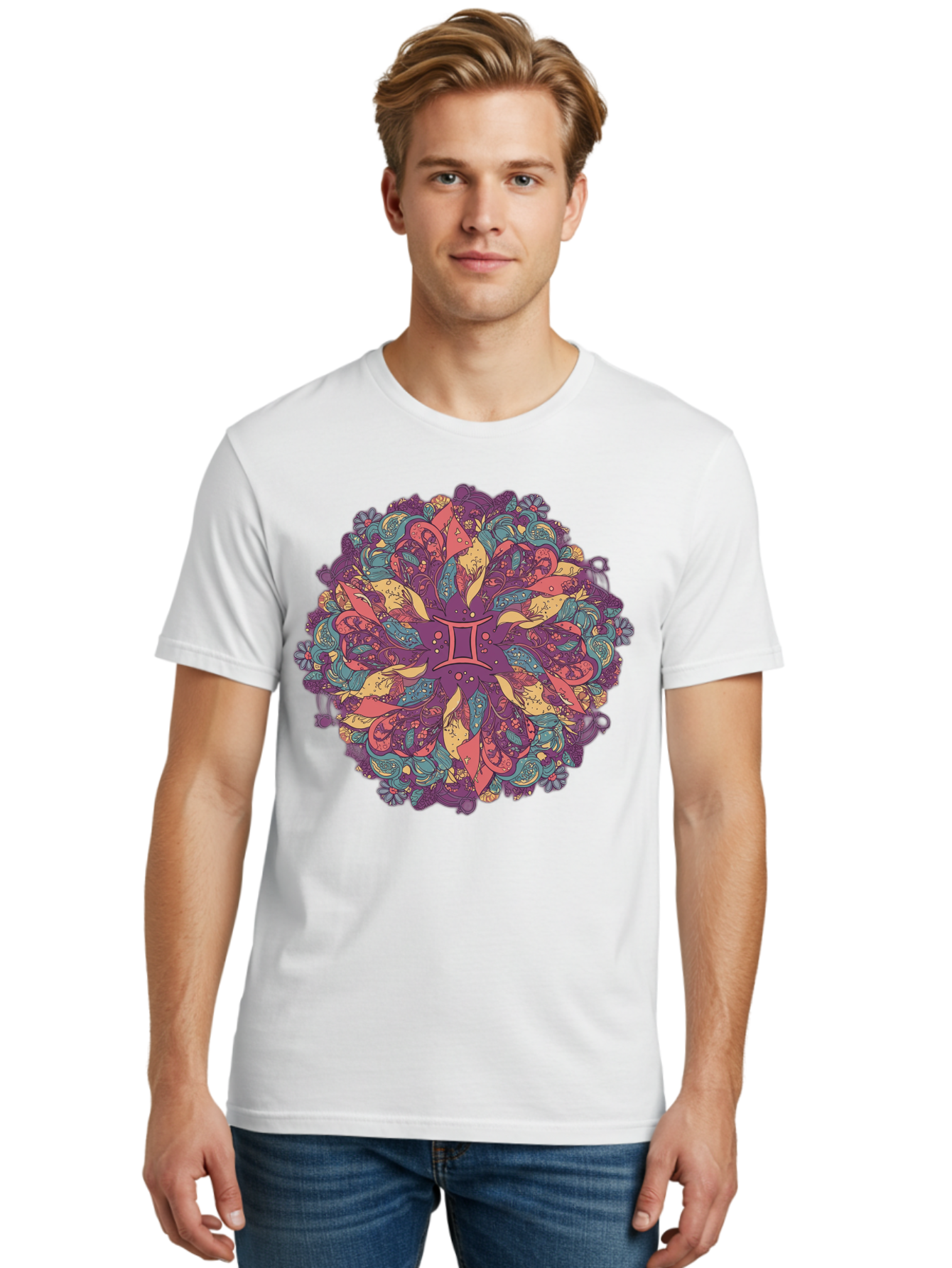 Gemini-Zodiac-Mandala Men'S Graphic Tee, 100% Cotton, Comfortable Casual Summer Wear, Machine Washable, Gemini Zodiac Symbol, Mandala Art, Floral Patterns, Paisley Designs, Purple, Pink, Blue, Yellow Hues, Intricate Details, Bohemian Style, Bae184