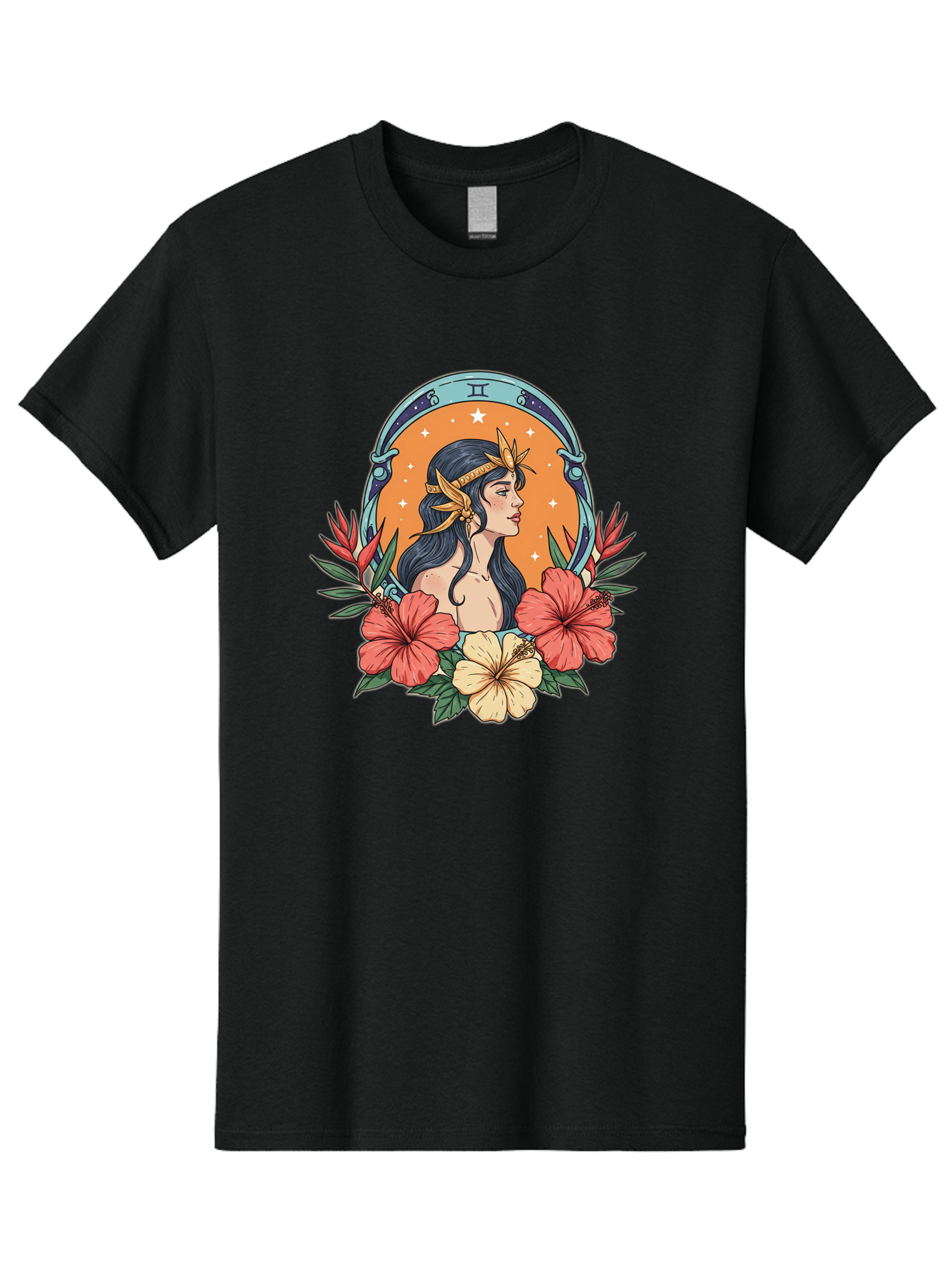 Gemini-Zodiac-Sign Men'S Graphic Tee, 100% Cotton, Comfortable Casual Summer Wear, Machine Washable, Gemini Zodiac Sign, Woman Portrait, Hibiscus Flowers, Stars, Celestial Theme, Astrology, Zodiac Symbols, Mystical, Feminine Beauty Bae185