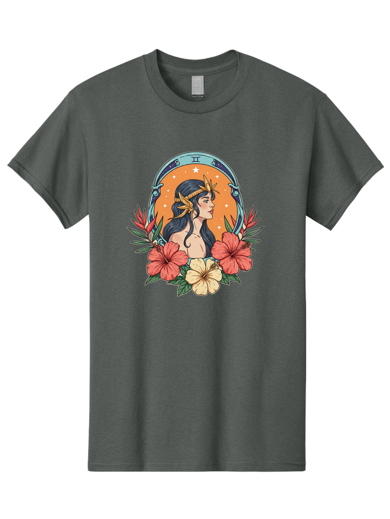 Gemini-Zodiac-Sign Men'S Graphic Tee, 100% Cotton, Comfortable Casual Summer Wear, Machine Washable, Gemini Zodiac Sign, Woman Portrait, Hibiscus Flowers, Stars, Celestial Theme, Astrology, Zodiac Symbols, Mystical, Feminine Beauty Bae185