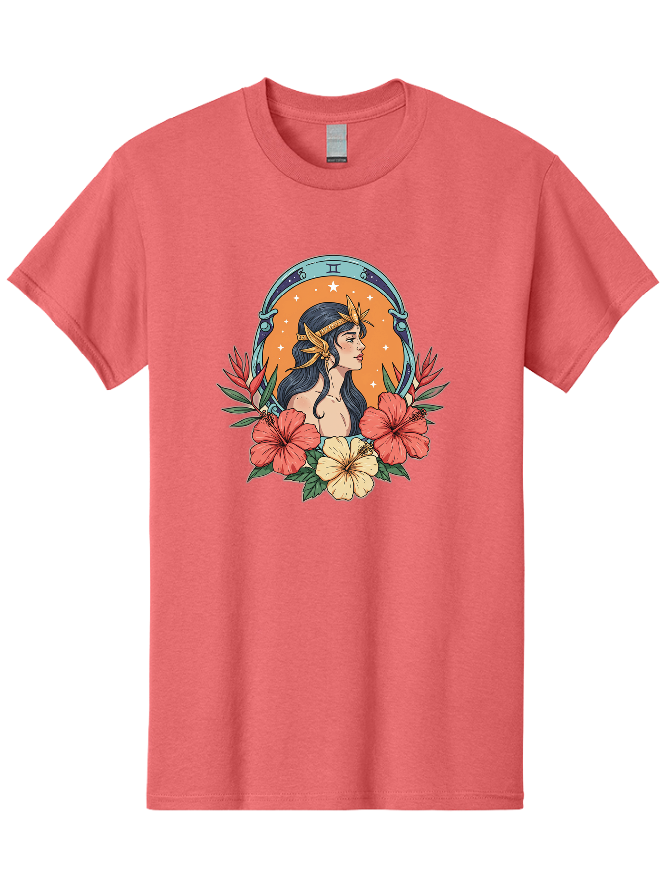 Gemini-Zodiac-Sign Men'S Graphic Tee, 100% Cotton, Comfortable Casual Summer Wear, Machine Washable, Gemini Zodiac Sign, Woman Portrait, Hibiscus Flowers, Stars, Celestial Theme, Astrology, Zodiac Symbols, Mystical, Feminine Beauty Bae185
