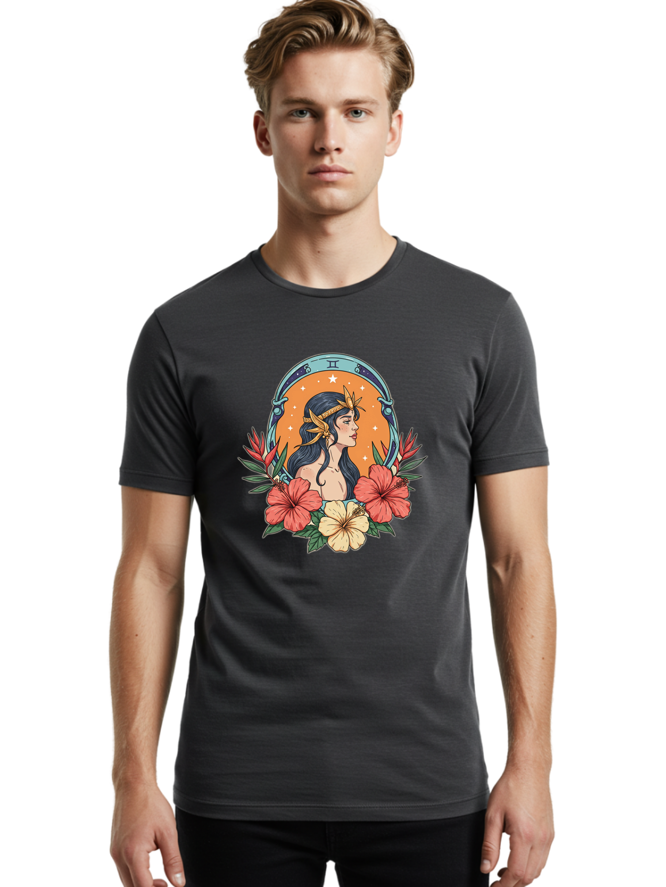 Gemini-Zodiac-Sign Men'S Graphic Tee, 100% Cotton, Comfortable Casual Summer Wear, Machine Washable, Gemini Zodiac Sign, Woman Portrait, Hibiscus Flowers, Stars, Celestial Theme, Astrology, Zodiac Symbols, Mystical, Feminine Beauty Bae185