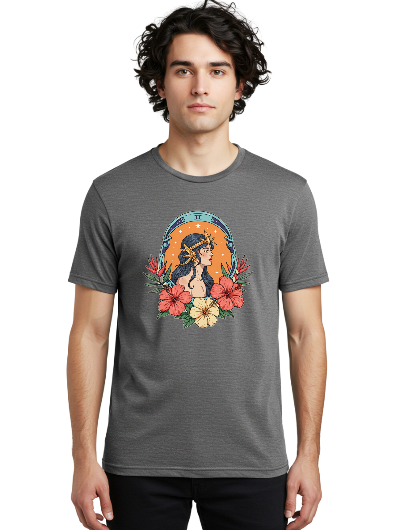 Gemini-Zodiac-Sign Men'S Graphic Tee, 100% Cotton, Comfortable Casual Summer Wear, Machine Washable, Gemini Zodiac Sign, Woman Portrait, Hibiscus Flowers, Stars, Celestial Theme, Astrology, Zodiac Symbols, Mystical, Feminine Beauty Bae185