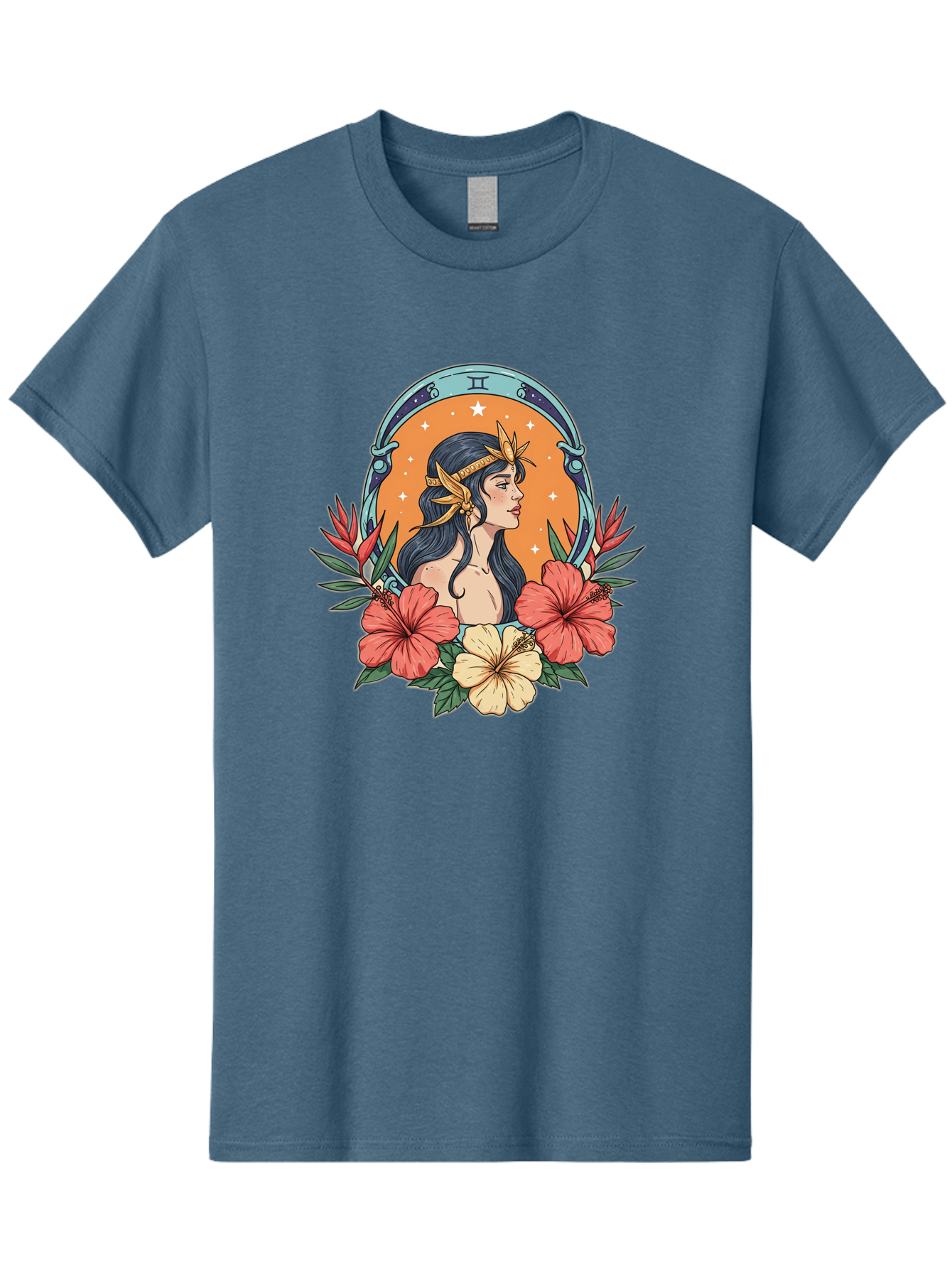 Gemini-Zodiac-Sign Men'S Graphic Tee, 100% Cotton, Comfortable Casual Summer Wear, Machine Washable, Gemini Zodiac Sign, Woman Portrait, Hibiscus Flowers, Stars, Celestial Theme, Astrology, Zodiac Symbols, Mystical, Feminine Beauty Bae185