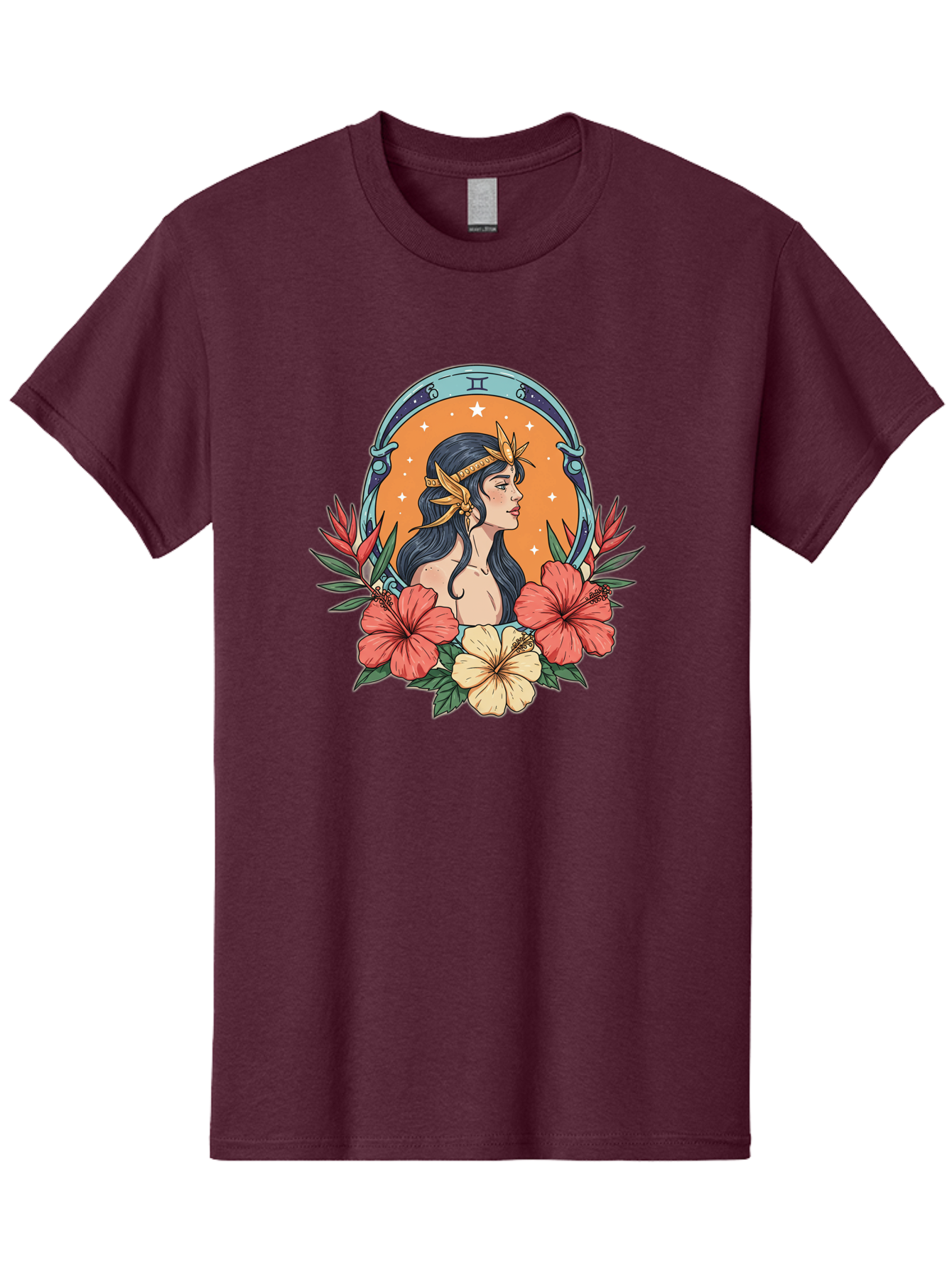 Gemini-Zodiac-Sign Men'S Graphic Tee, 100% Cotton, Comfortable Casual Summer Wear, Machine Washable, Gemini Zodiac Sign, Woman Portrait, Hibiscus Flowers, Stars, Celestial Theme, Astrology, Zodiac Symbols, Mystical, Feminine Beauty Bae185