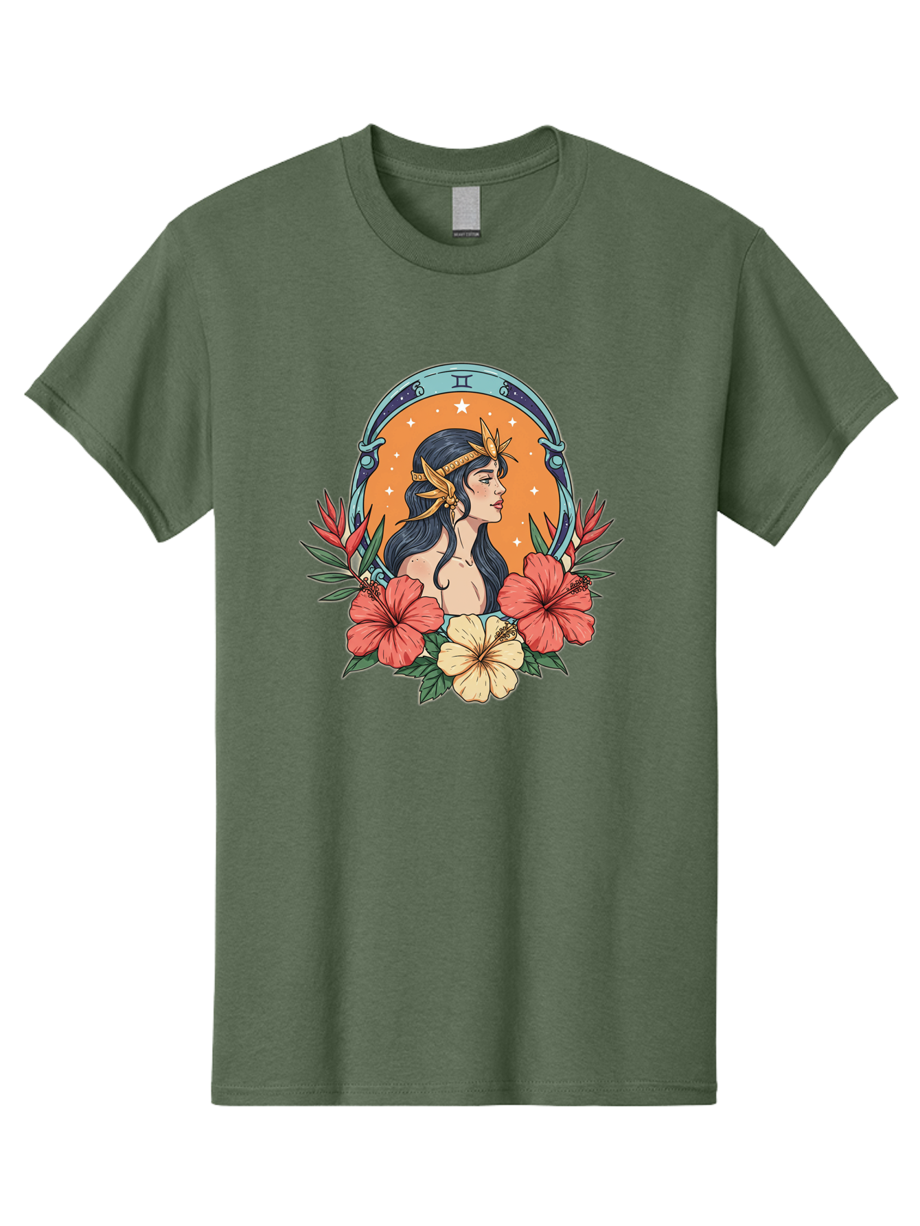 Gemini-Zodiac-Sign Men'S Graphic Tee, 100% Cotton, Comfortable Casual Summer Wear, Machine Washable, Gemini Zodiac Sign, Woman Portrait, Hibiscus Flowers, Stars, Celestial Theme, Astrology, Zodiac Symbols, Mystical, Feminine Beauty Bae185