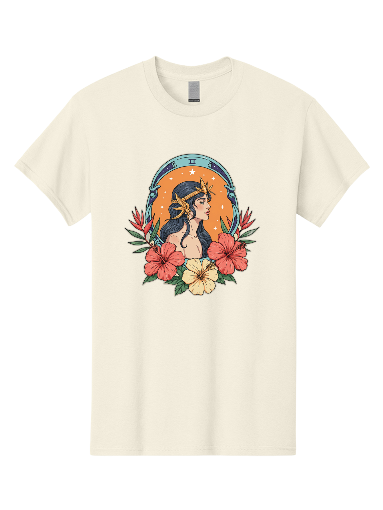 Gemini-Zodiac-Sign Men'S Graphic Tee, 100% Cotton, Comfortable Casual Summer Wear, Machine Washable, Gemini Zodiac Sign, Woman Portrait, Hibiscus Flowers, Stars, Celestial Theme, Astrology, Zodiac Symbols, Mystical, Feminine Beauty Bae185