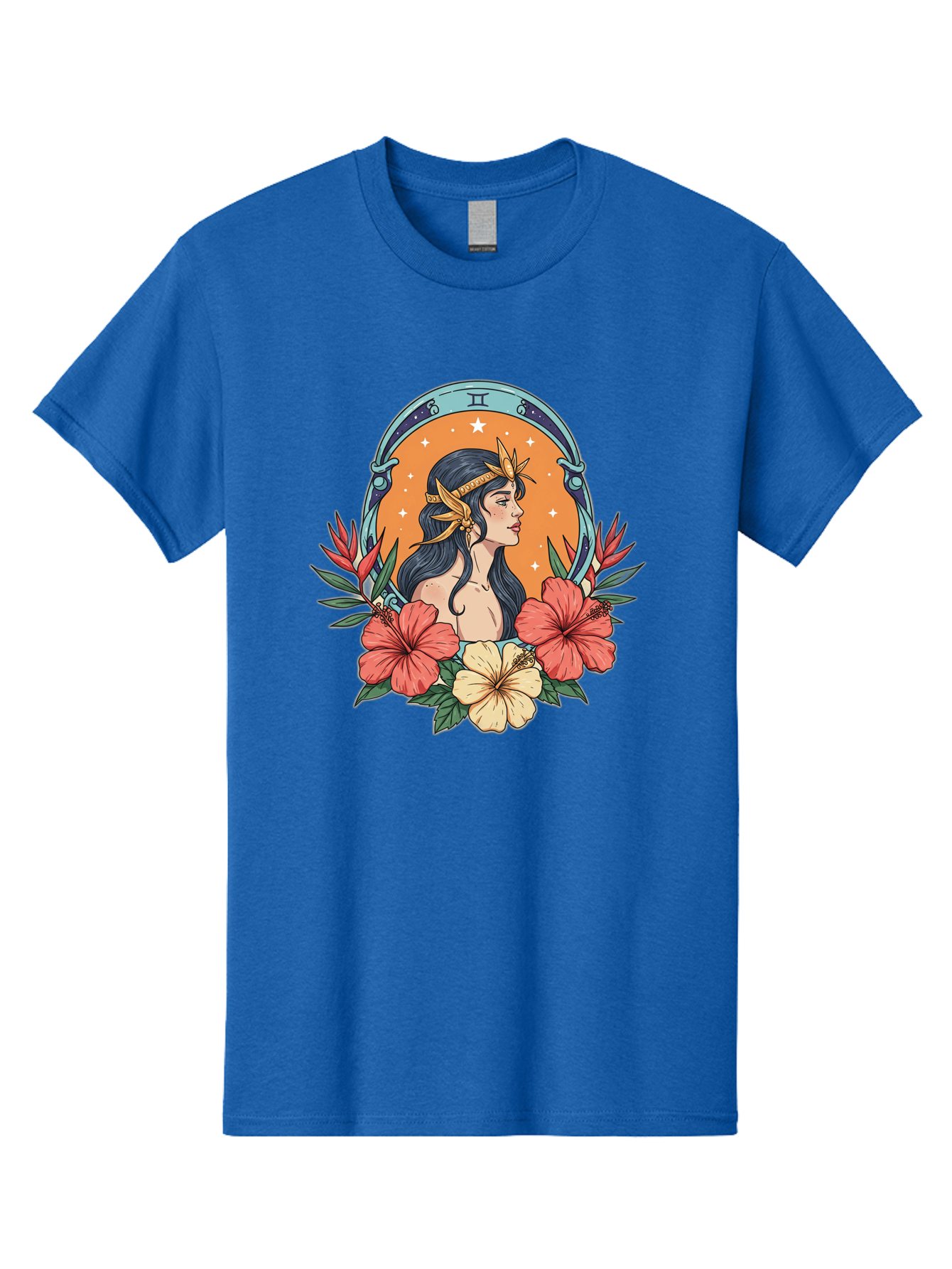 Gemini-Zodiac-Sign Men'S Graphic Tee, 100% Cotton, Comfortable Casual Summer Wear, Machine Washable, Gemini Zodiac Sign, Woman Portrait, Hibiscus Flowers, Stars, Celestial Theme, Astrology, Zodiac Symbols, Mystical, Feminine Beauty Bae185