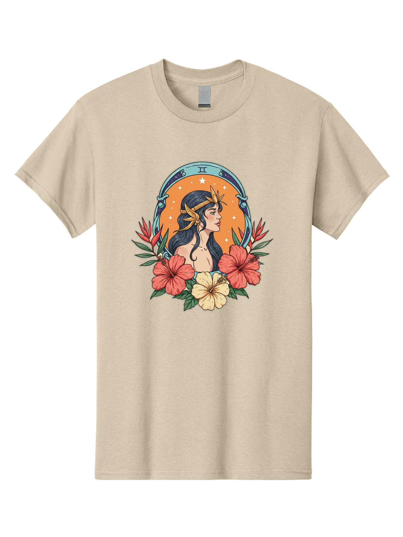Gemini-Zodiac-Sign Men'S Graphic Tee, 100% Cotton, Comfortable Casual Summer Wear, Machine Washable, Gemini Zodiac Sign, Woman Portrait, Hibiscus Flowers, Stars, Celestial Theme, Astrology, Zodiac Symbols, Mystical, Feminine Beauty Bae185