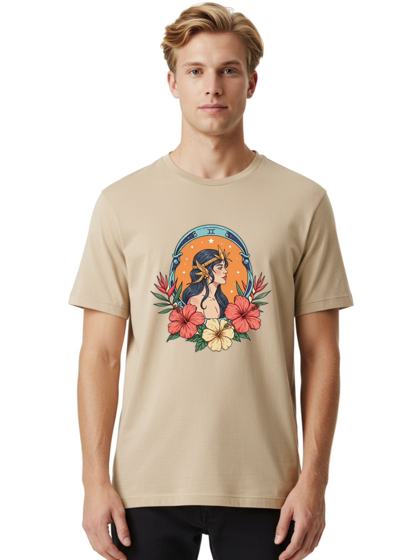 Gemini-Zodiac-Sign Men'S Graphic Tee, 100% Cotton, Comfortable Casual Summer Wear, Machine Washable, Gemini Zodiac Sign, Woman Portrait, Hibiscus Flowers, Stars, Celestial Theme, Astrology, Zodiac Symbols, Mystical, Feminine Beauty Bae185