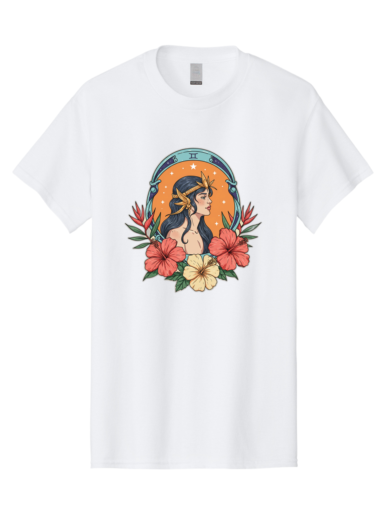 Gemini-Zodiac-Sign Men'S Graphic Tee, 100% Cotton, Comfortable Casual Summer Wear, Machine Washable, Gemini Zodiac Sign, Woman Portrait, Hibiscus Flowers, Stars, Celestial Theme, Astrology, Zodiac Symbols, Mystical, Feminine Beauty Bae185