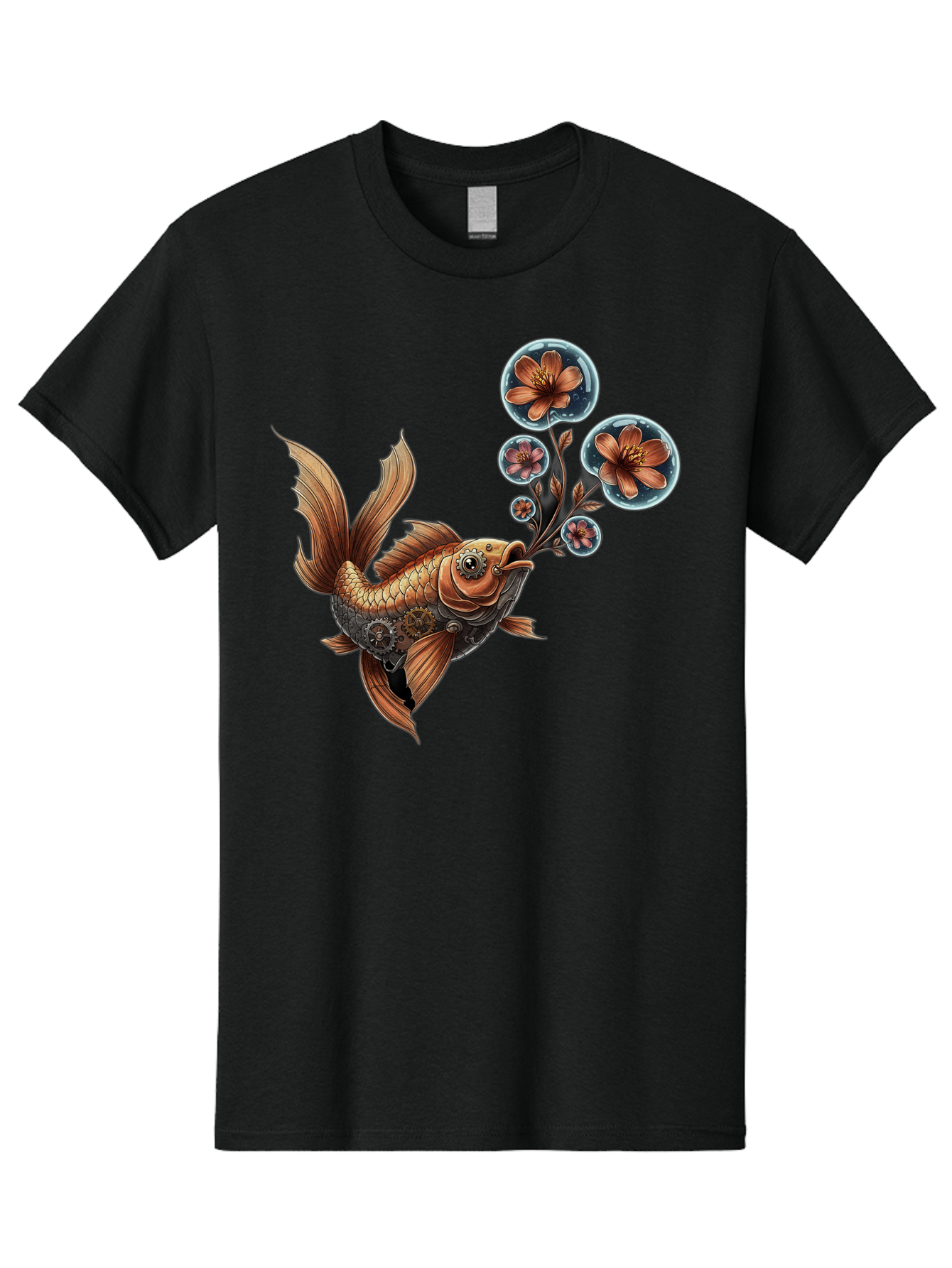 Goldfish-With-Flowers Men'S Graphic Tee, 100% Cotton, Comfortable Casual Summer Wear, Machine Washable, Koi Fish, Lotus Flowers, Bubbles, Floral Design, Fish Illustration, Orange And Gold, Water Theme, Decorative Art, Symbolic Fish, Bae189