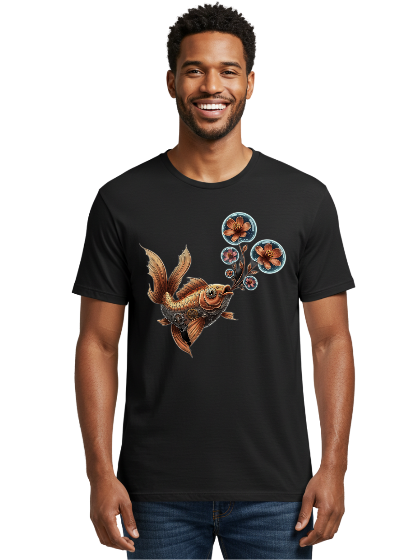 Goldfish-With-Flowers Men'S Graphic Tee, 100% Cotton, Comfortable Casual Summer Wear, Machine Washable, Koi Fish, Lotus Flowers, Bubbles, Floral Design, Fish Illustration, Orange And Gold, Water Theme, Decorative Art, Symbolic Fish, Bae189