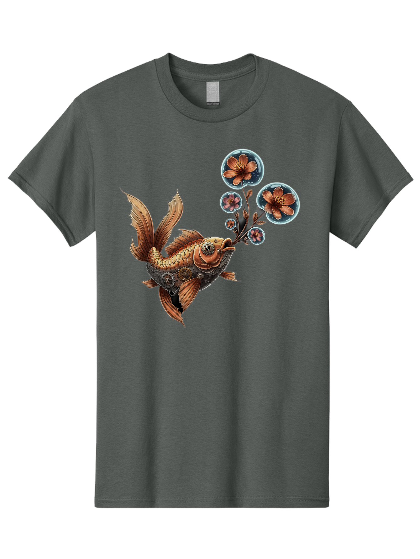 Goldfish-With-Flowers Men'S Graphic Tee, 100% Cotton, Comfortable Casual Summer Wear, Machine Washable, Koi Fish, Lotus Flowers, Bubbles, Floral Design, Fish Illustration, Orange And Gold, Water Theme, Decorative Art, Symbolic Fish, Bae189