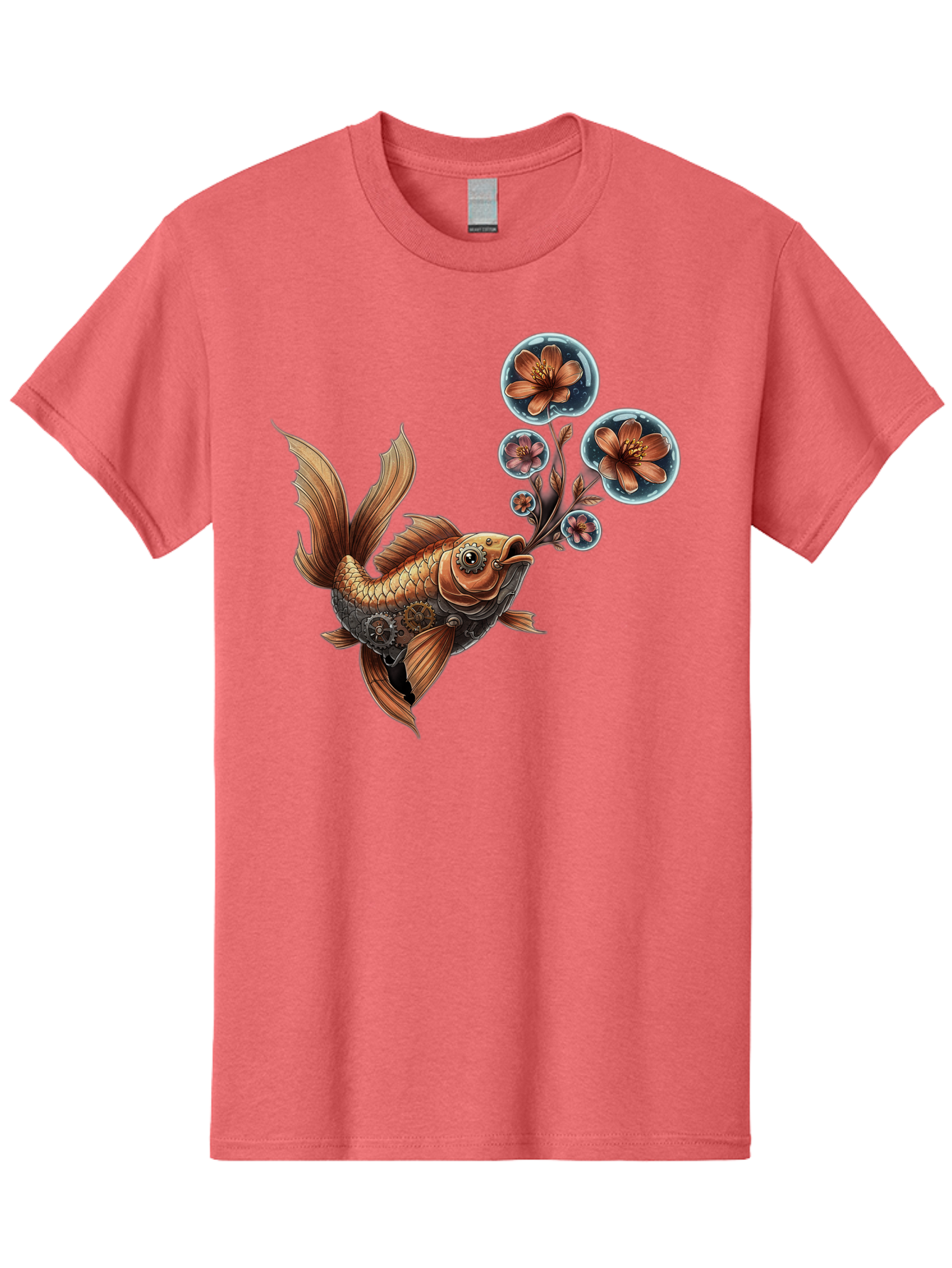 Goldfish-With-Flowers Men'S Graphic Tee, 100% Cotton, Comfortable Casual Summer Wear, Machine Washable, Koi Fish, Lotus Flowers, Bubbles, Floral Design, Fish Illustration, Orange And Gold, Water Theme, Decorative Art, Symbolic Fish, Bae189