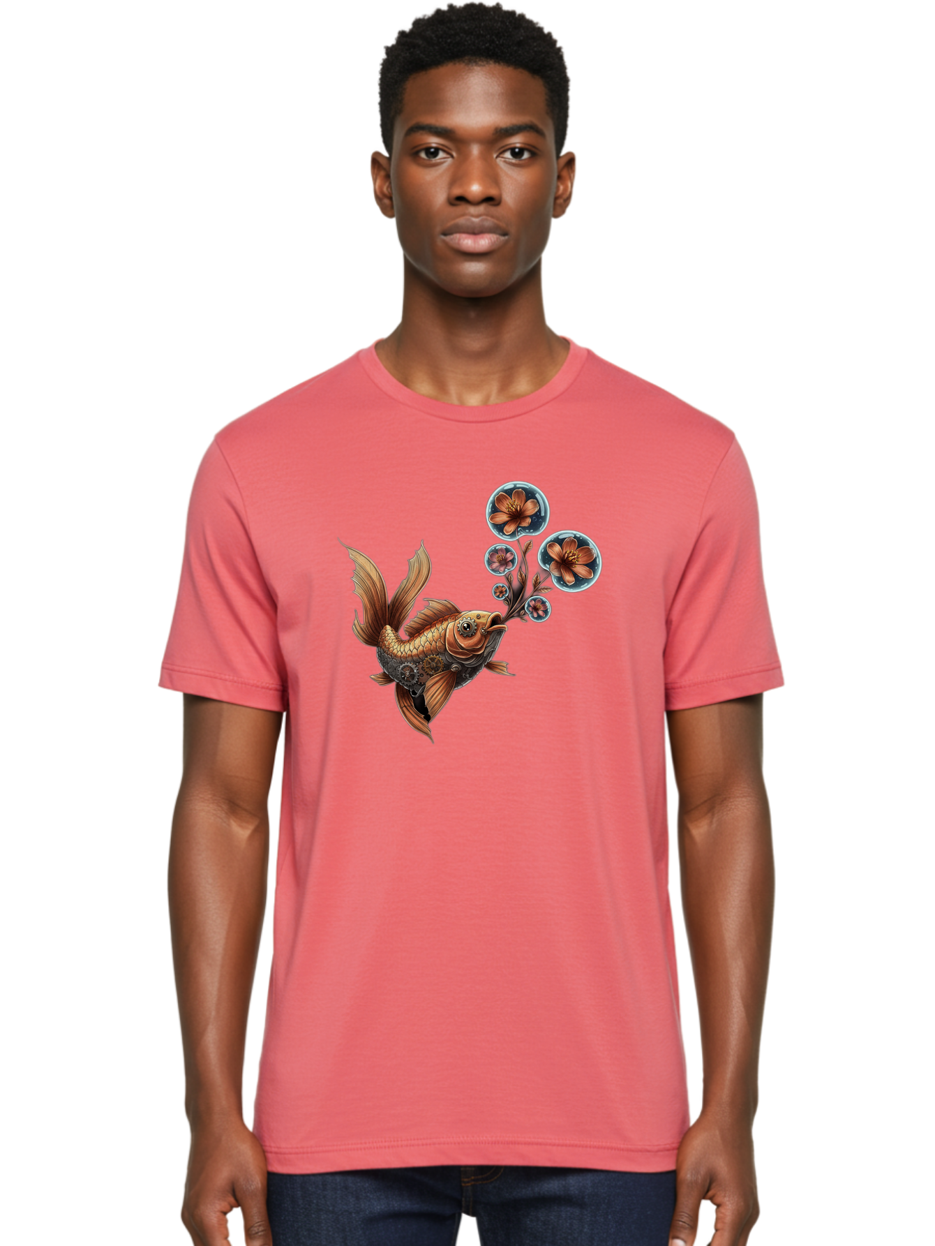Goldfish-With-Flowers Men'S Graphic Tee, 100% Cotton, Comfortable Casual Summer Wear, Machine Washable, Koi Fish, Lotus Flowers, Bubbles, Floral Design, Fish Illustration, Orange And Gold, Water Theme, Decorative Art, Symbolic Fish, Bae189