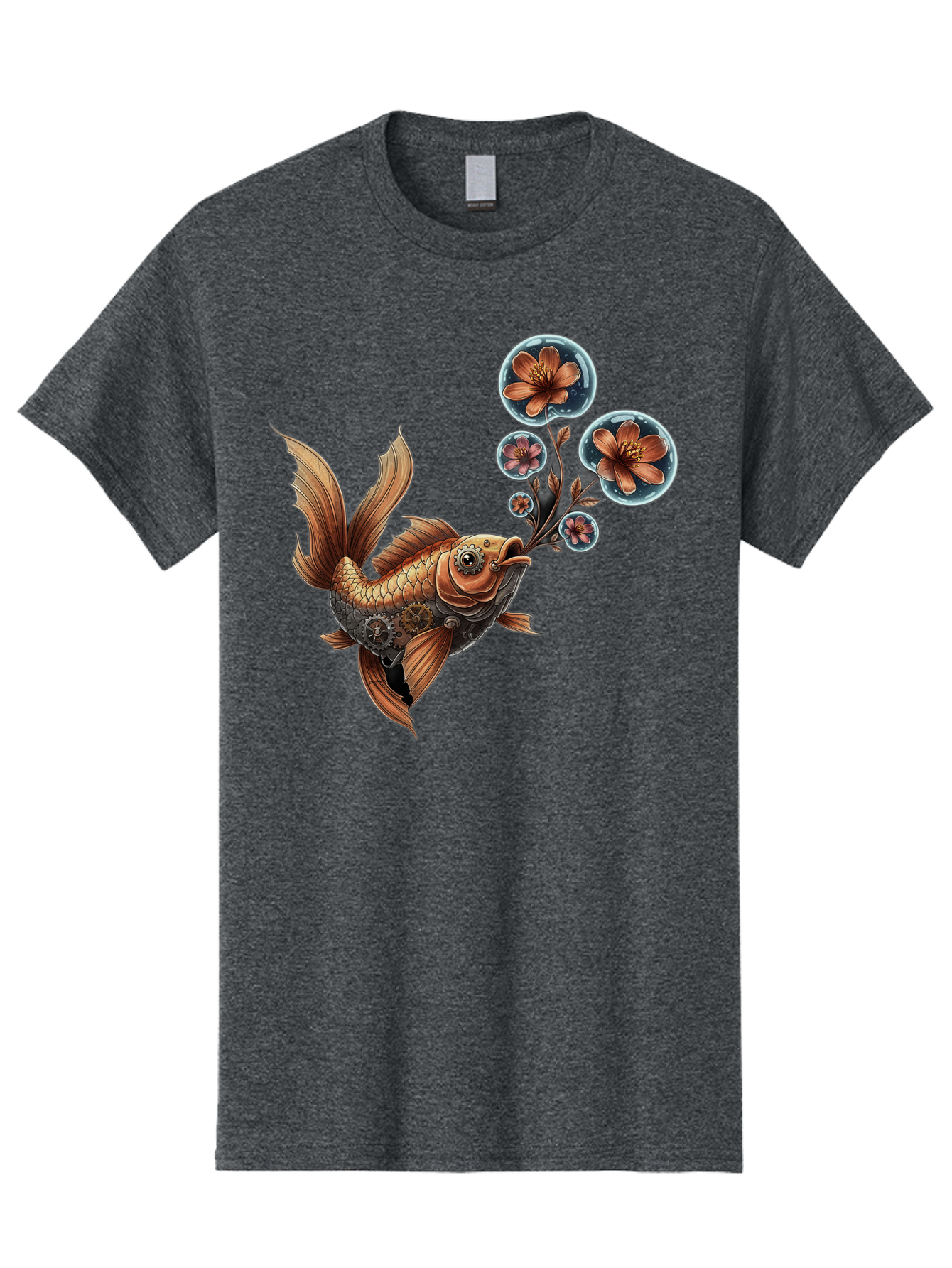 Goldfish-With-Flowers Men'S Graphic Tee, 100% Cotton, Comfortable Casual Summer Wear, Machine Washable, Koi Fish, Lotus Flowers, Bubbles, Floral Design, Fish Illustration, Orange And Gold, Water Theme, Decorative Art, Symbolic Fish, Bae189