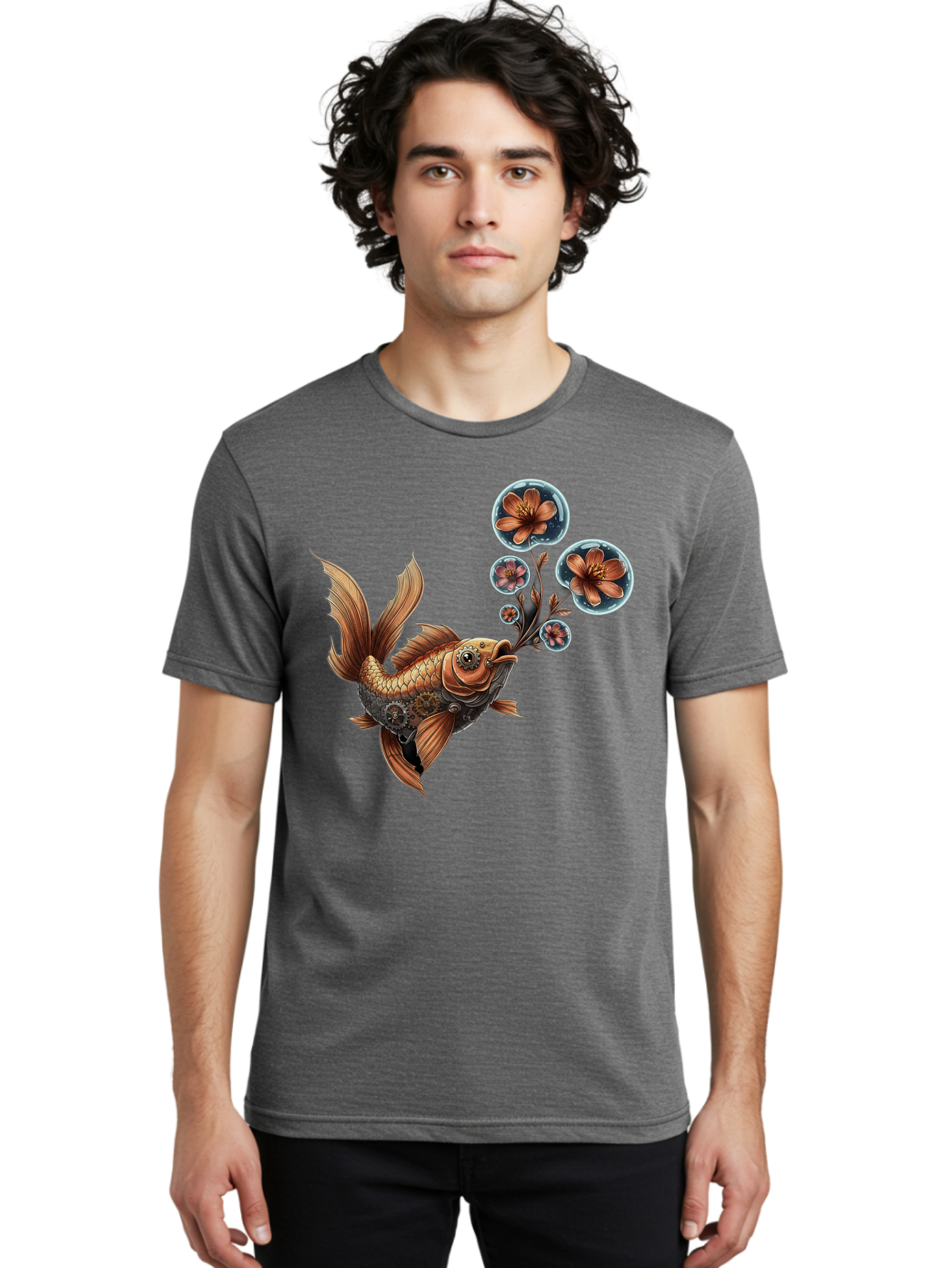 Goldfish-With-Flowers Men'S Graphic Tee, 100% Cotton, Comfortable Casual Summer Wear, Machine Washable, Koi Fish, Lotus Flowers, Bubbles, Floral Design, Fish Illustration, Orange And Gold, Water Theme, Decorative Art, Symbolic Fish, Bae189