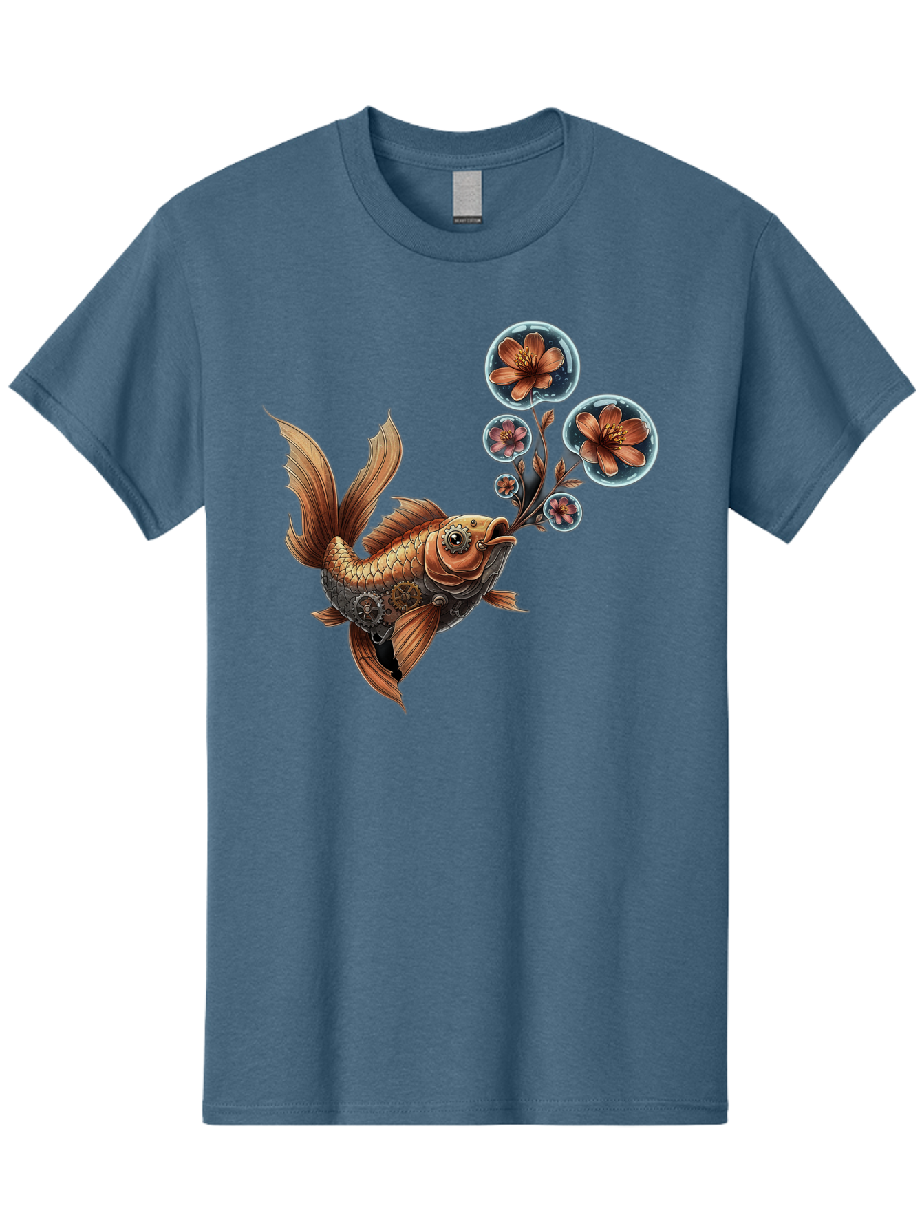 Goldfish-With-Flowers Men'S Graphic Tee, 100% Cotton, Comfortable Casual Summer Wear, Machine Washable, Koi Fish, Lotus Flowers, Bubbles, Floral Design, Fish Illustration, Orange And Gold, Water Theme, Decorative Art, Symbolic Fish, Bae189
