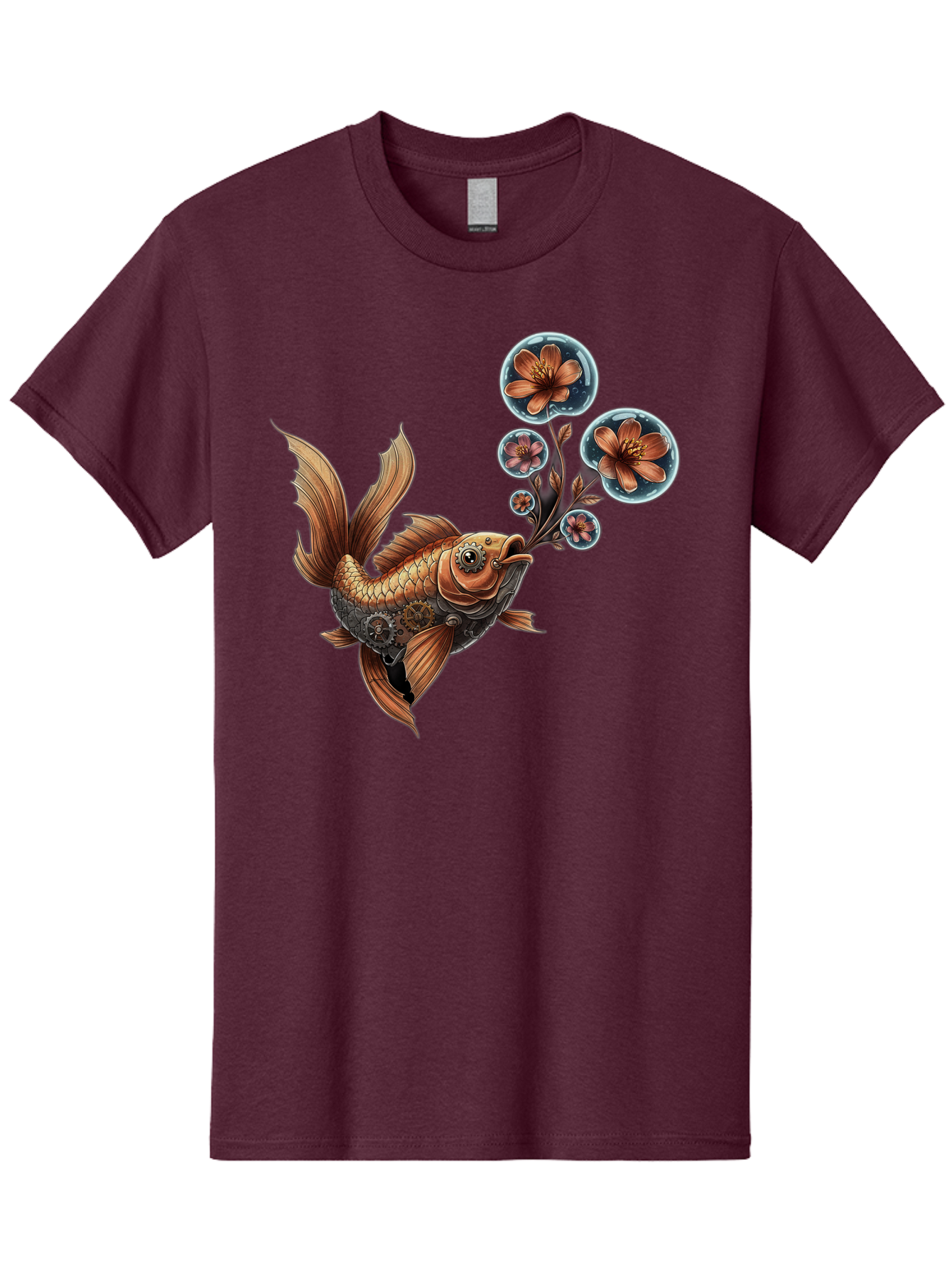 Goldfish-With-Flowers Men'S Graphic Tee, 100% Cotton, Comfortable Casual Summer Wear, Machine Washable, Koi Fish, Lotus Flowers, Bubbles, Floral Design, Fish Illustration, Orange And Gold, Water Theme, Decorative Art, Symbolic Fish, Bae189