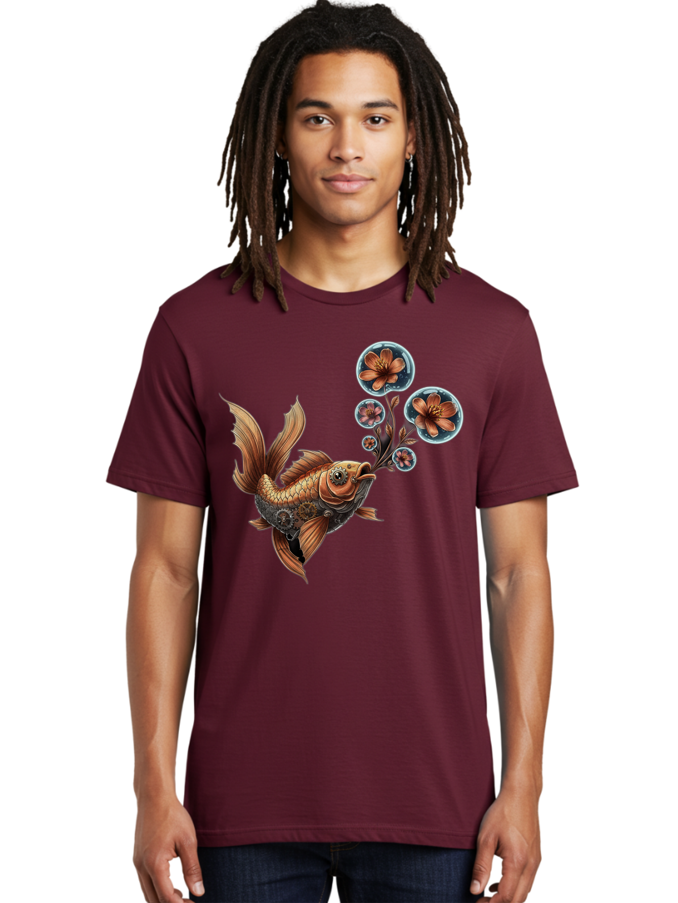 Goldfish-With-Flowers Men'S Graphic Tee, 100% Cotton, Comfortable Casual Summer Wear, Machine Washable, Koi Fish, Lotus Flowers, Bubbles, Floral Design, Fish Illustration, Orange And Gold, Water Theme, Decorative Art, Symbolic Fish, Bae189