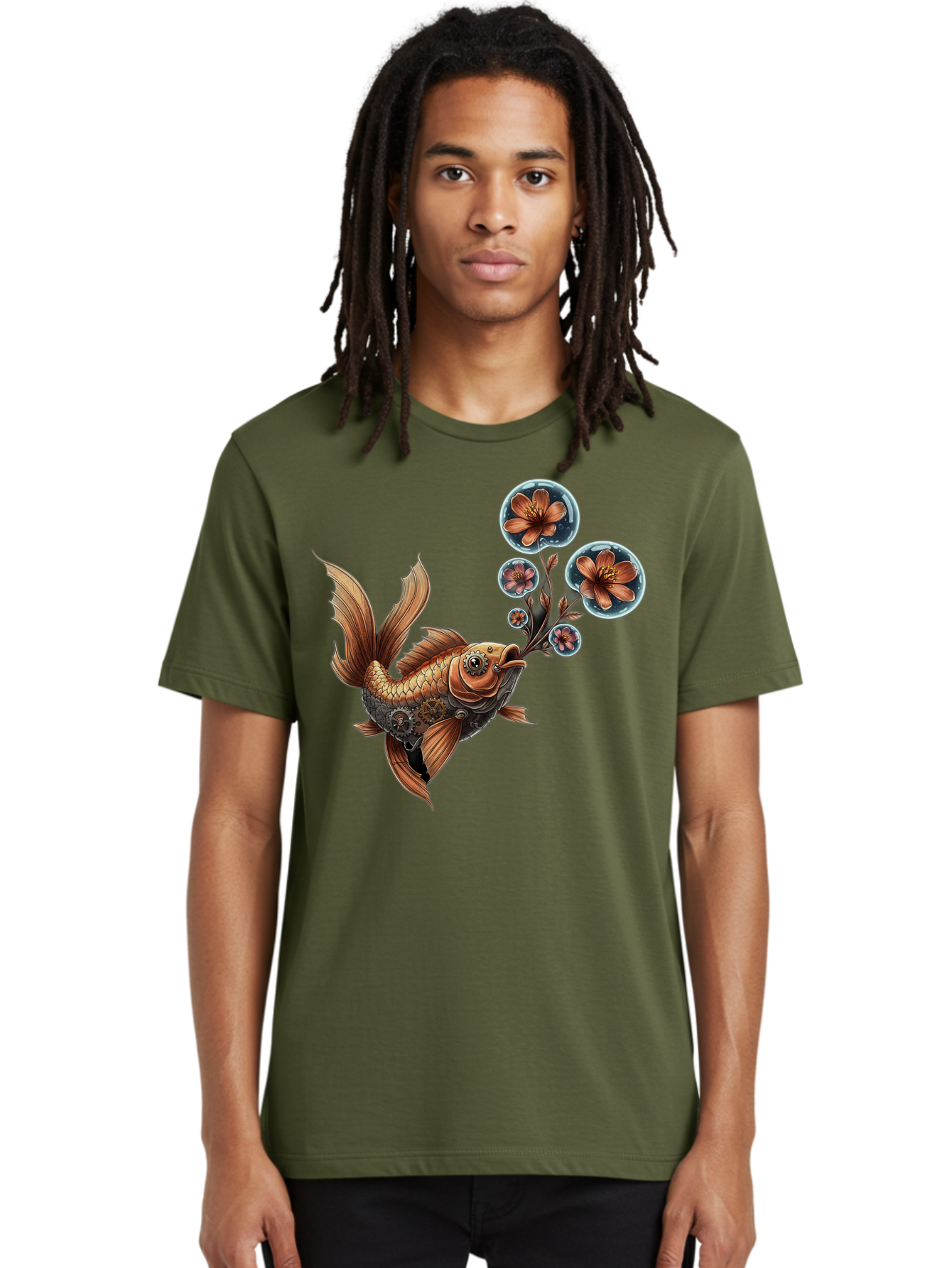 Goldfish-With-Flowers Men'S Graphic Tee, 100% Cotton, Comfortable Casual Summer Wear, Machine Washable, Koi Fish, Lotus Flowers, Bubbles, Floral Design, Fish Illustration, Orange And Gold, Water Theme, Decorative Art, Symbolic Fish, Bae189